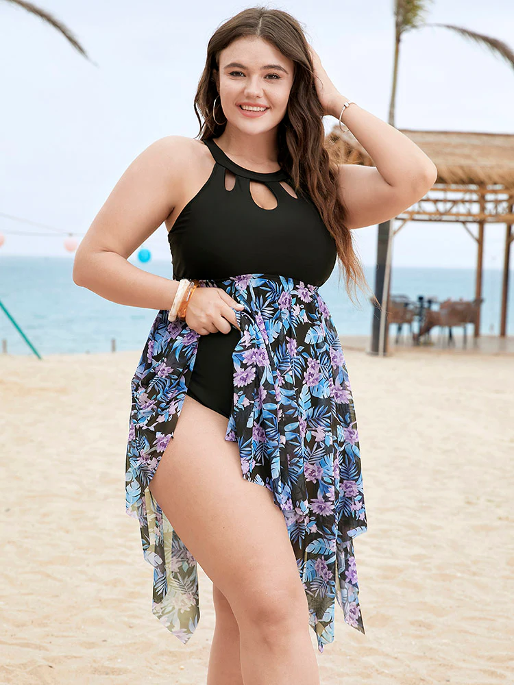 Floral Cut Out Halter Neck Hanky Hem Swim Dress - Image 4