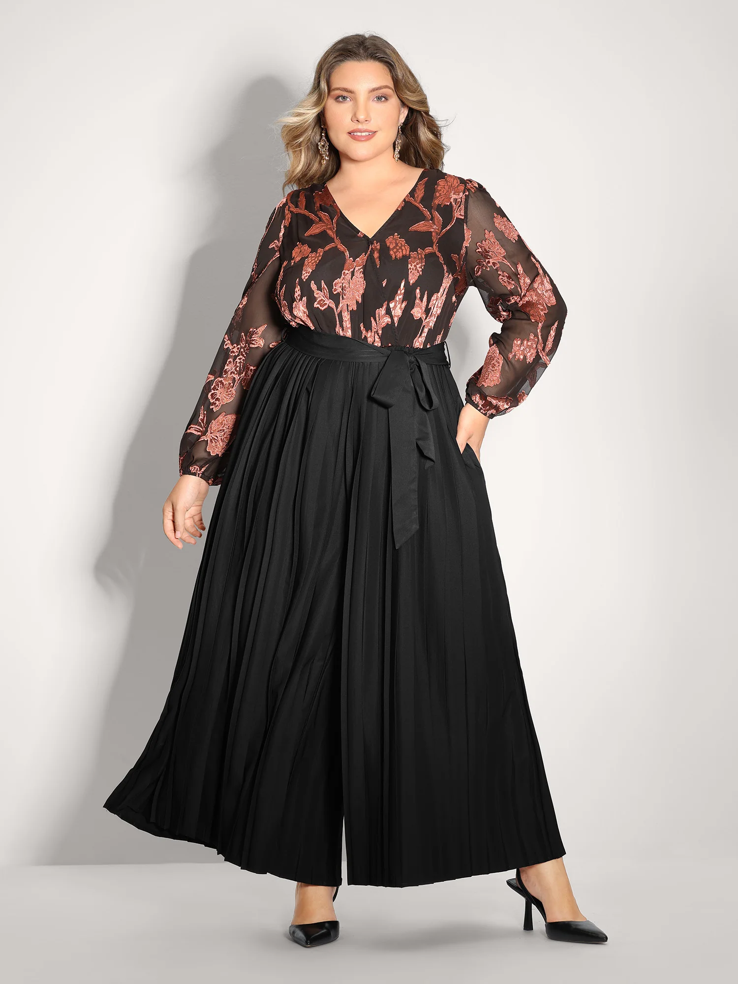 Floral Cut-Out Pleated Belted Jumpsuit