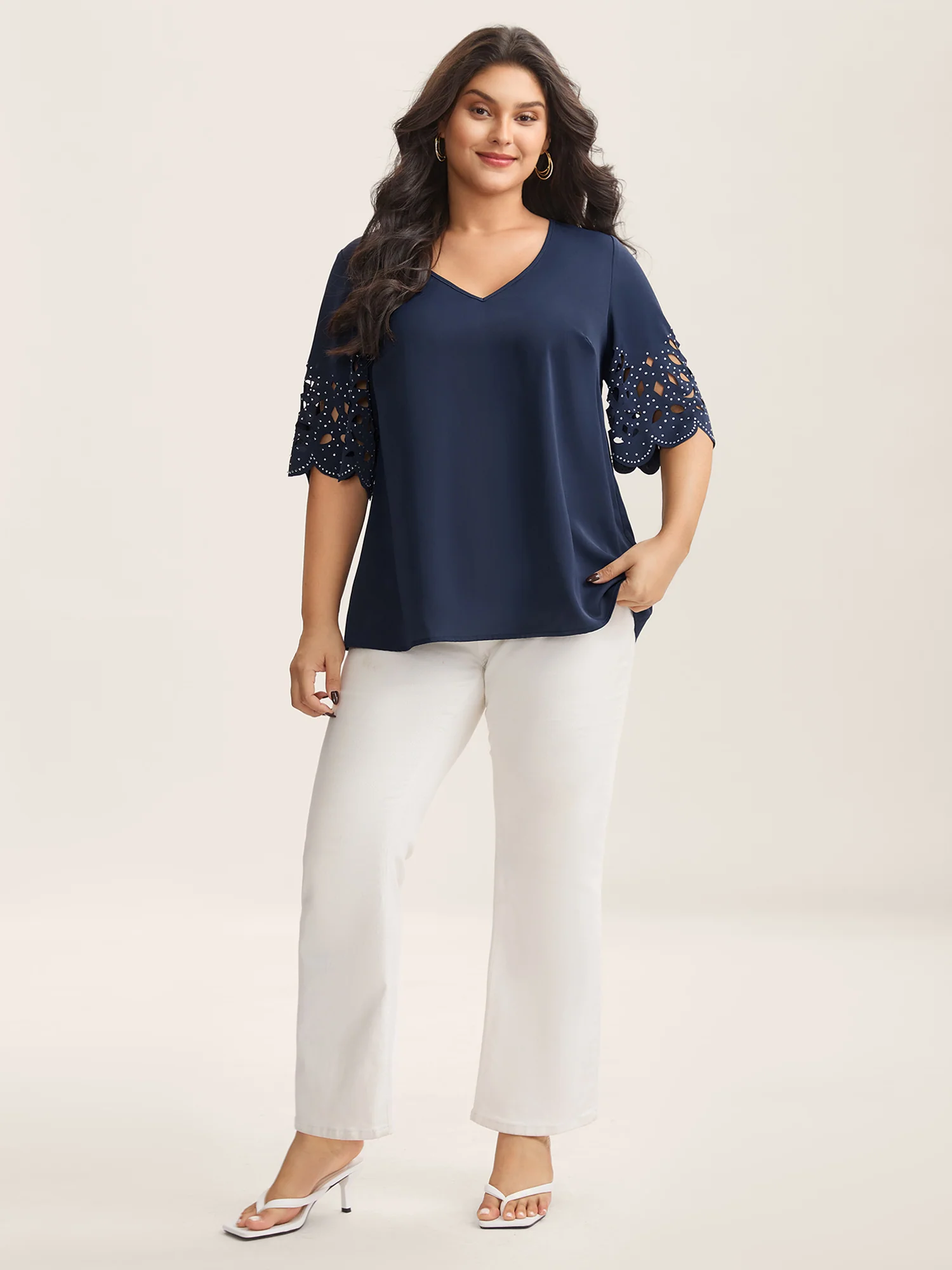 Floral Cut-Out Sequin Solid Blouse - Image 5