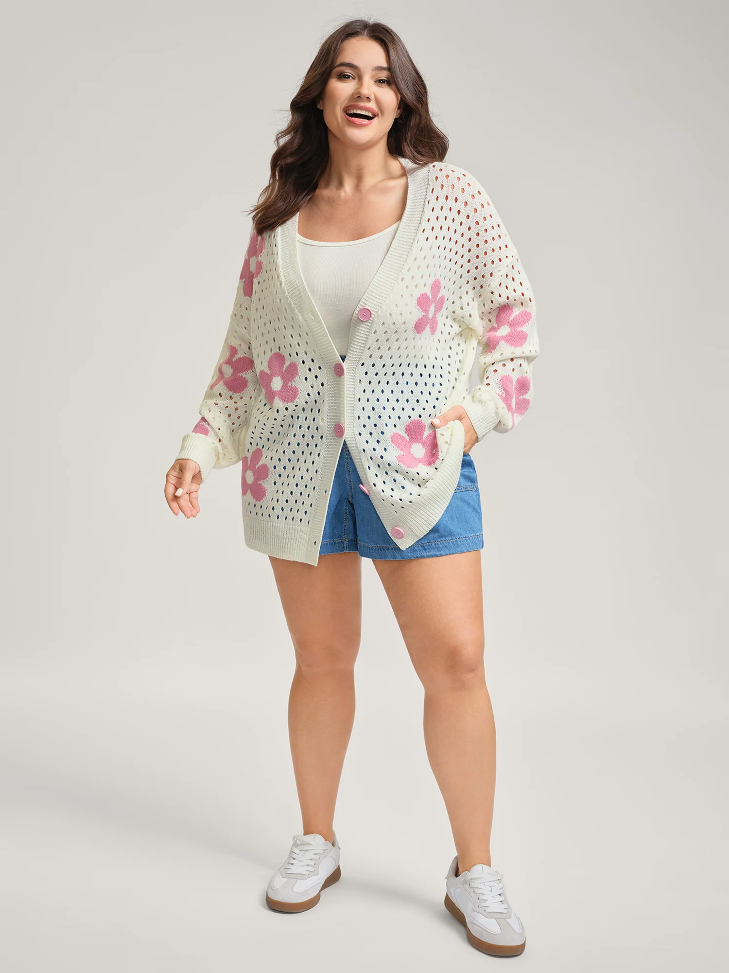 Floral Cut-Out Textured Knit Cardigan - Image 2