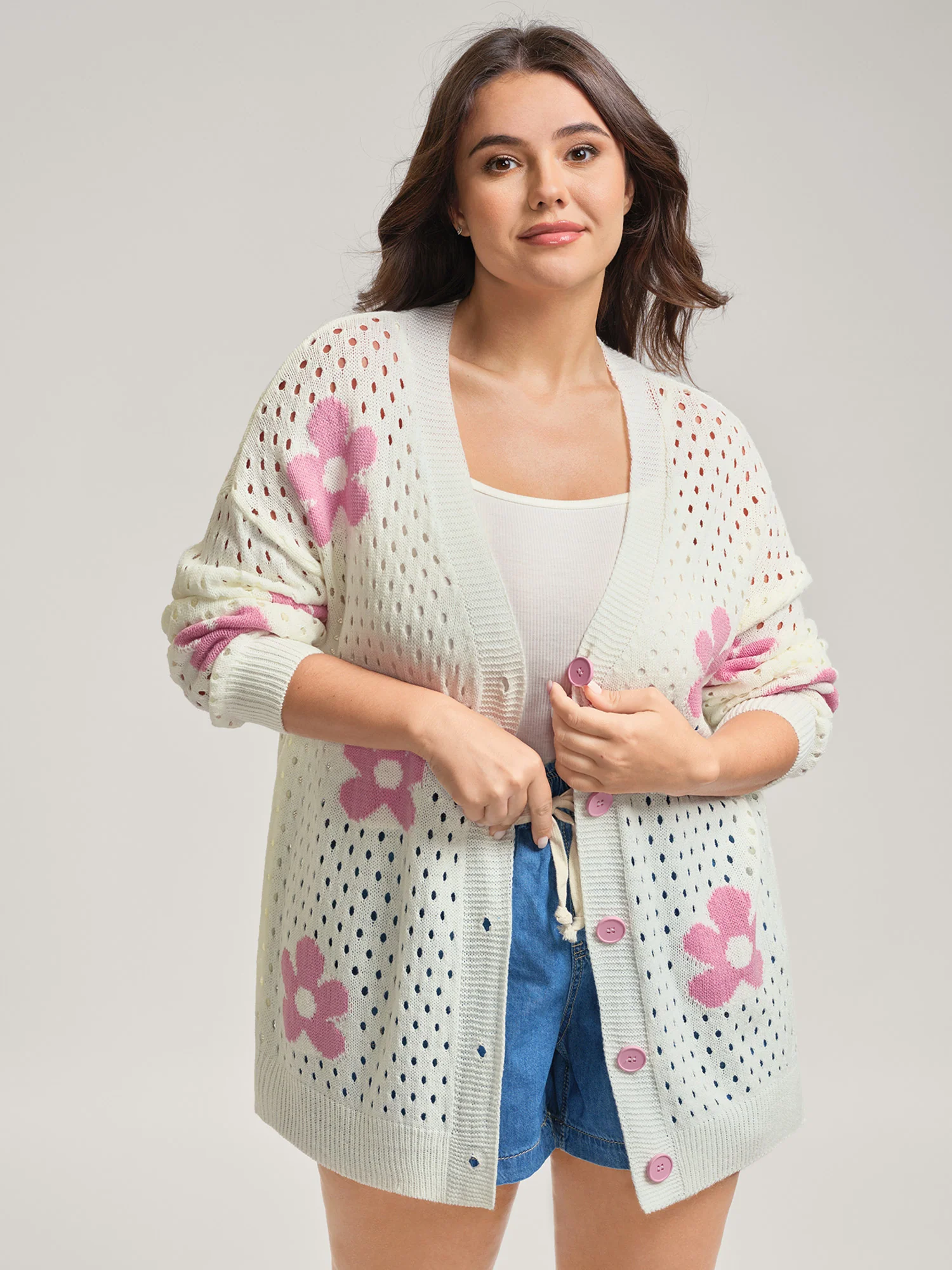 Floral Cut-Out Textured Knit Cardigan - Image 3