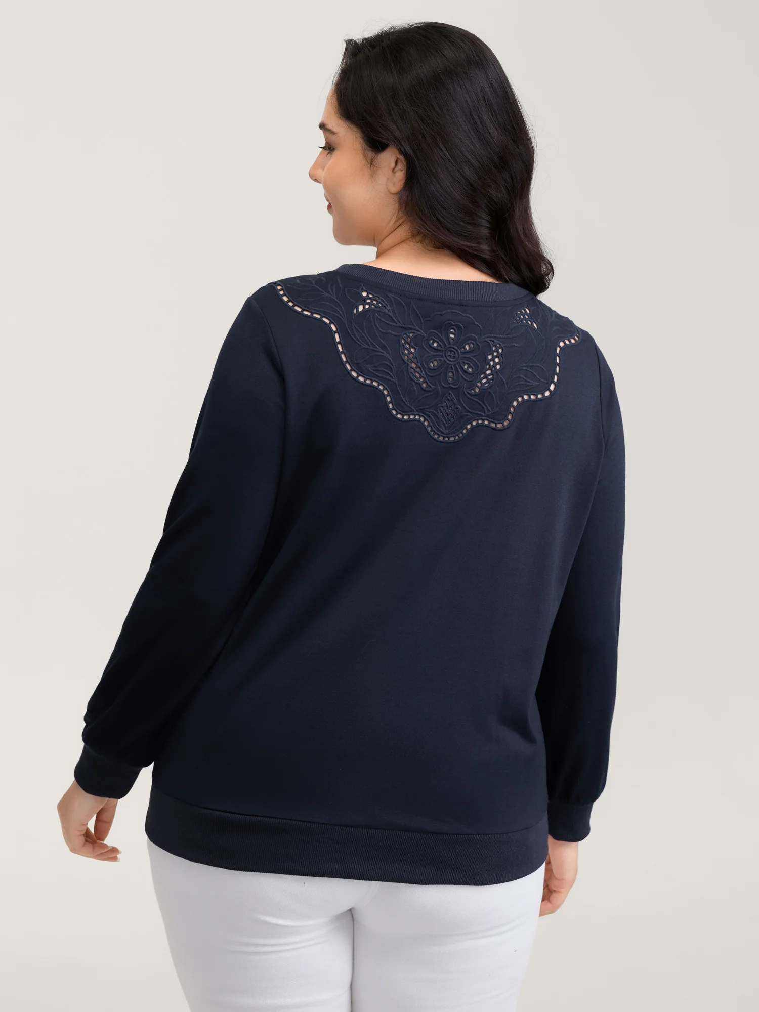 Floral Cut-Work Embroidery Solid Sweatshirt - Image 4