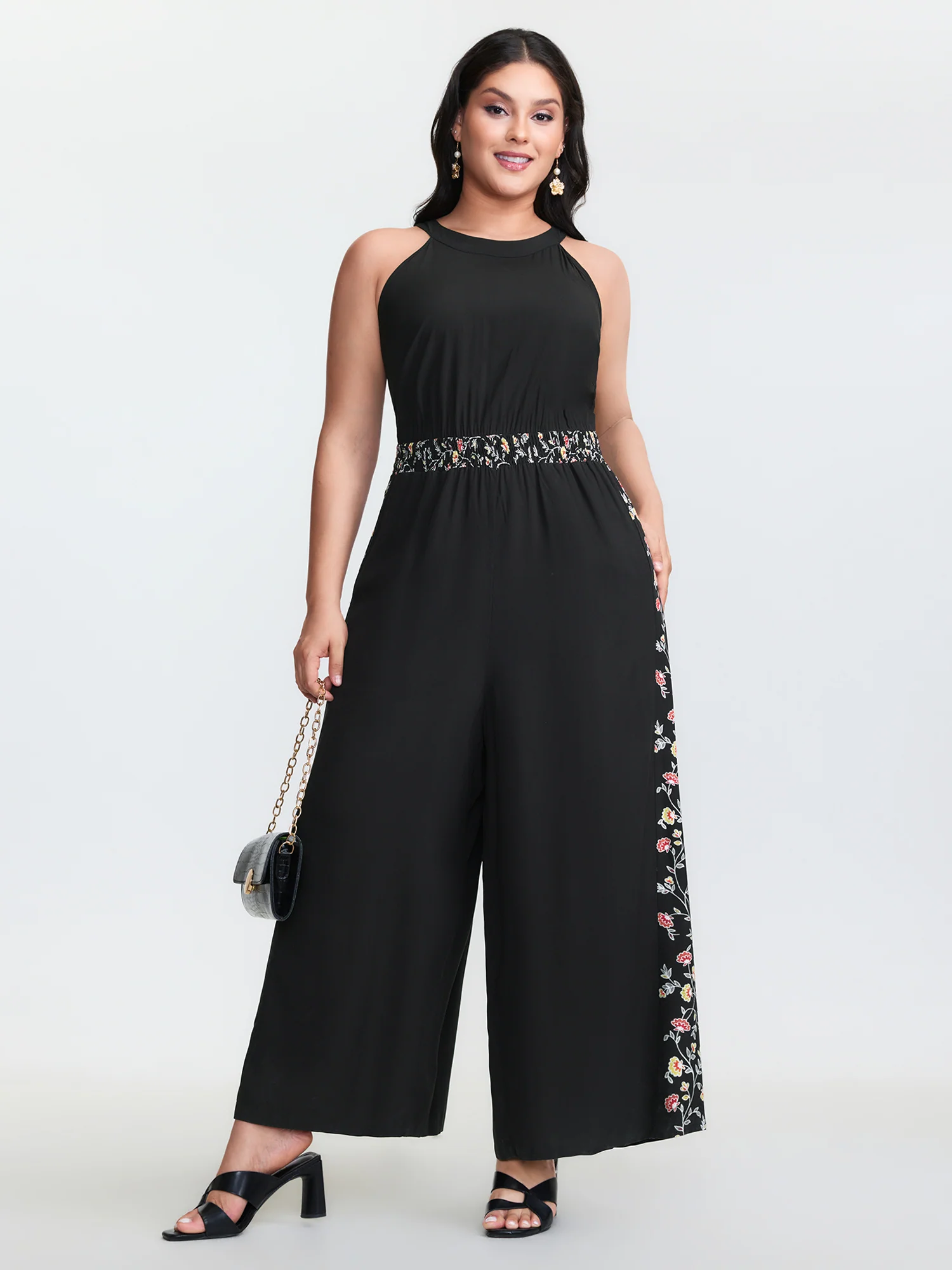 Floral Detail Patchwork Halter Neck Jumpsuit - Image 2