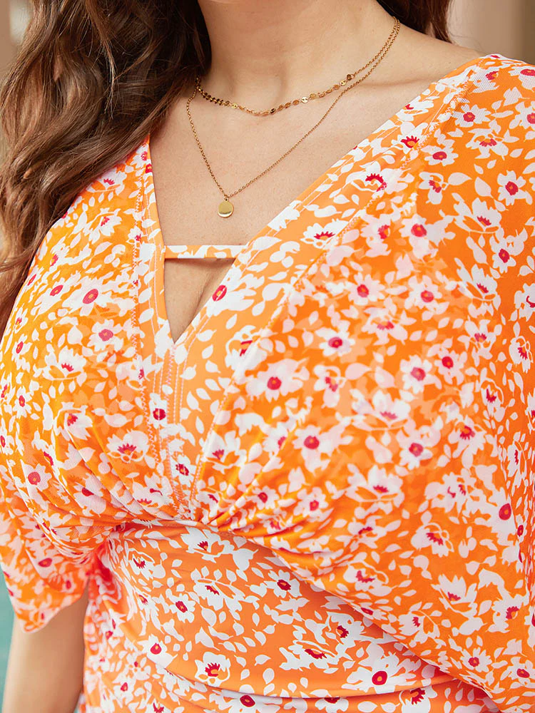 Floral Dolman Sleeve Knot Back One Piece Swimsuit - Image 6