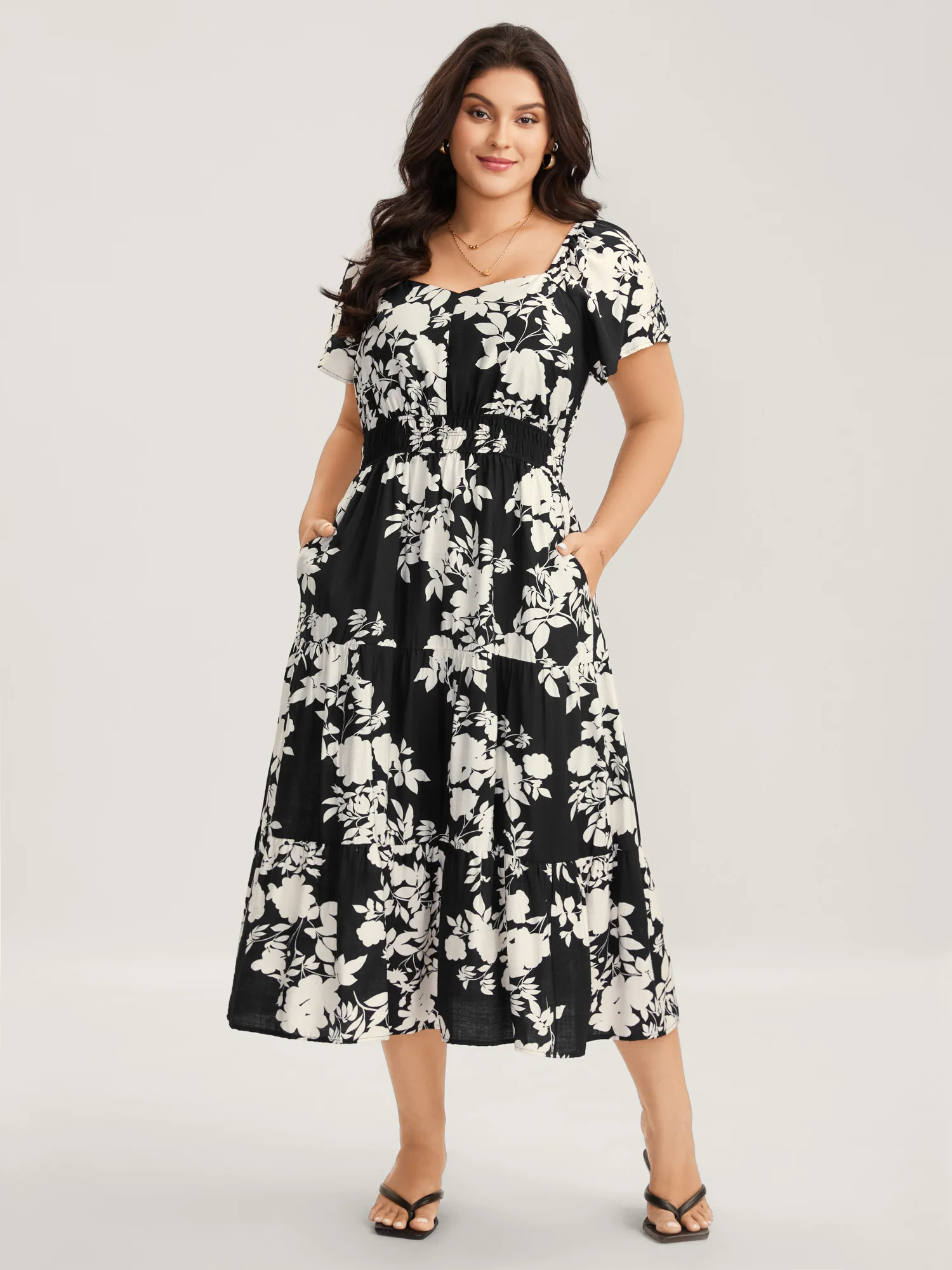 Floral Double Stretchy Waist Midi Dress - Image 2