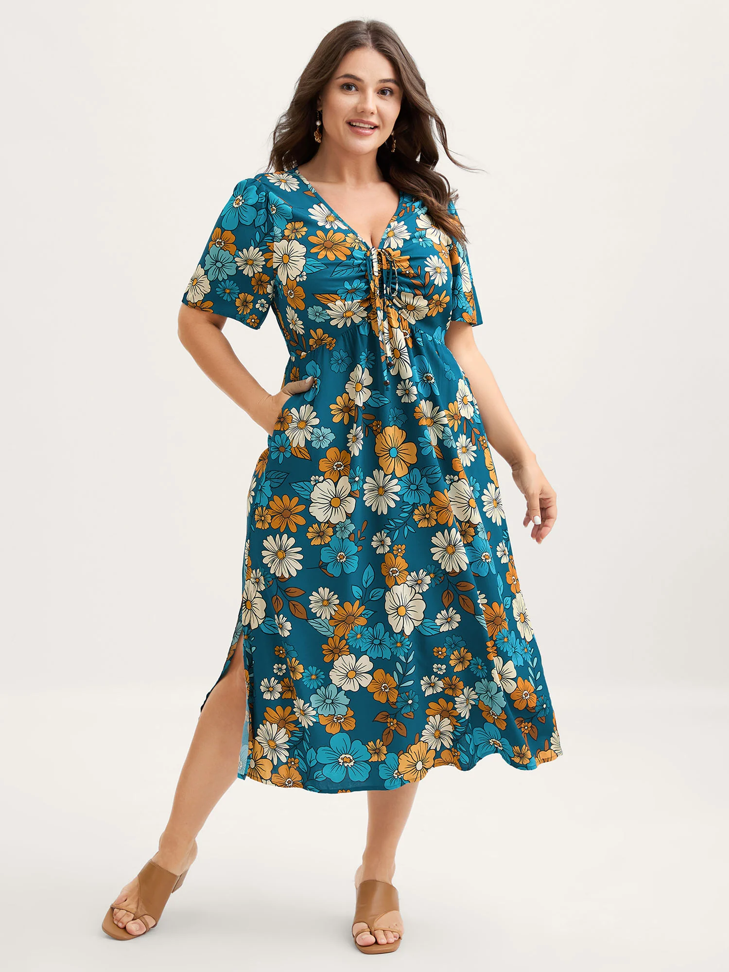 Floral Drawstring Bodice Side Slit Midi Dress - Image 2