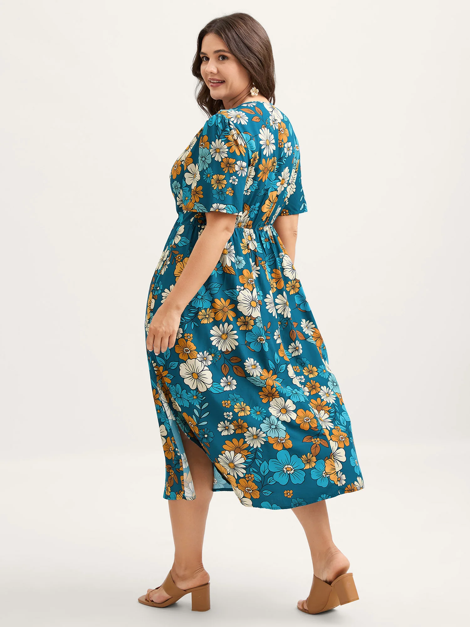 Floral Drawstring Bodice Side Slit Midi Dress - Image 4