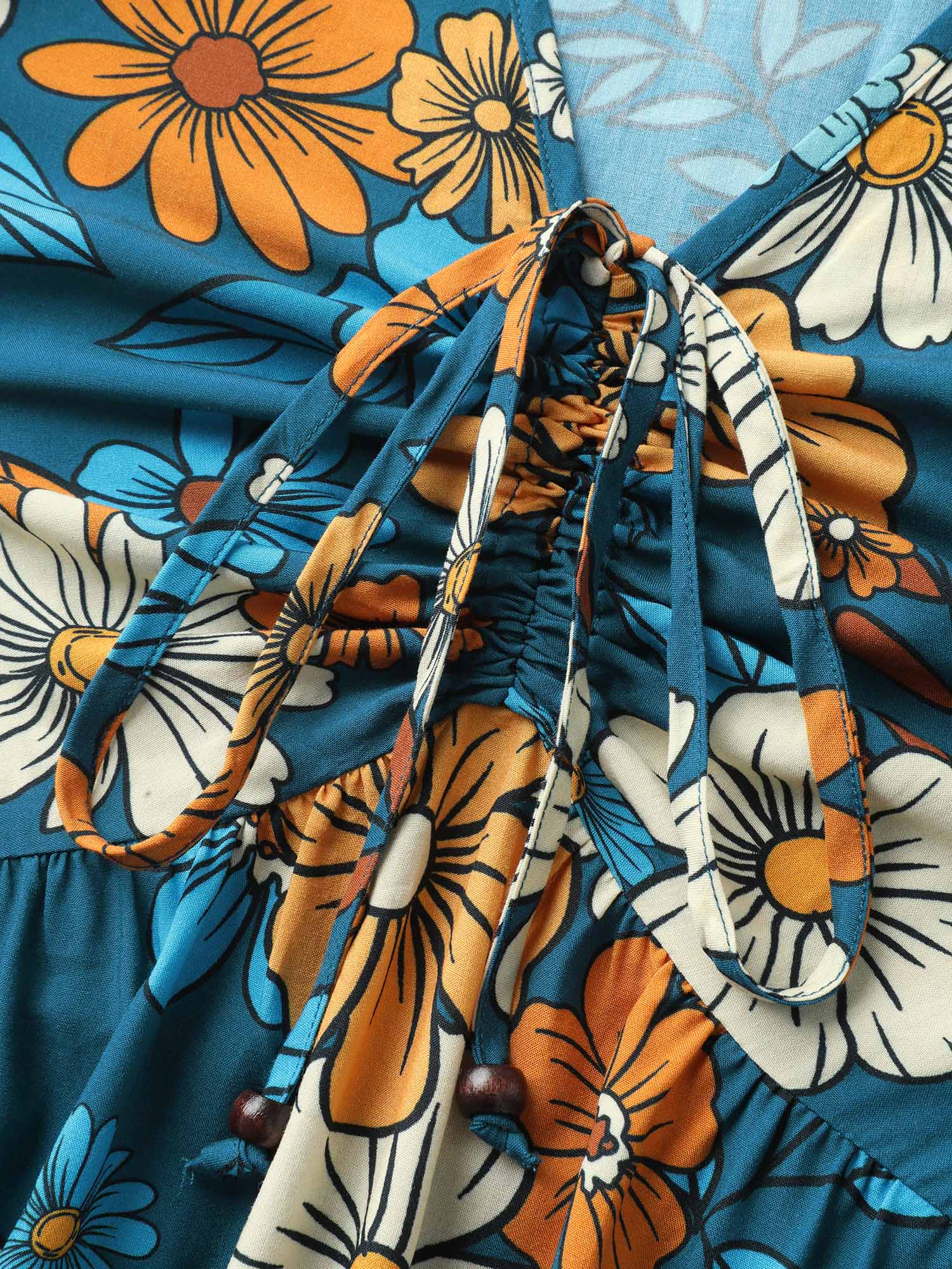 Floral Drawstring Bodice Side Slit Midi Dress - Image 5