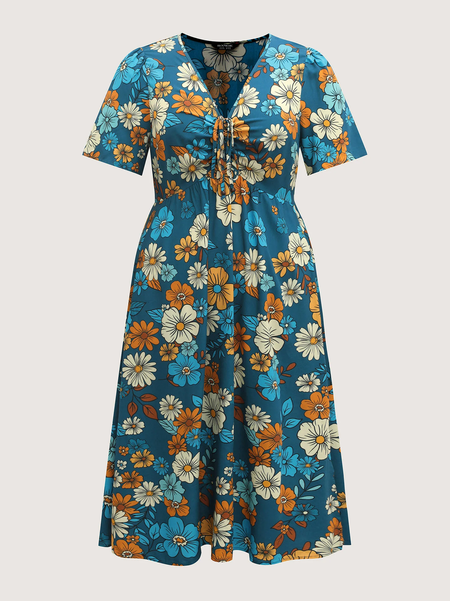 Floral Drawstring Bodice Side Slit Midi Dress - Image 7