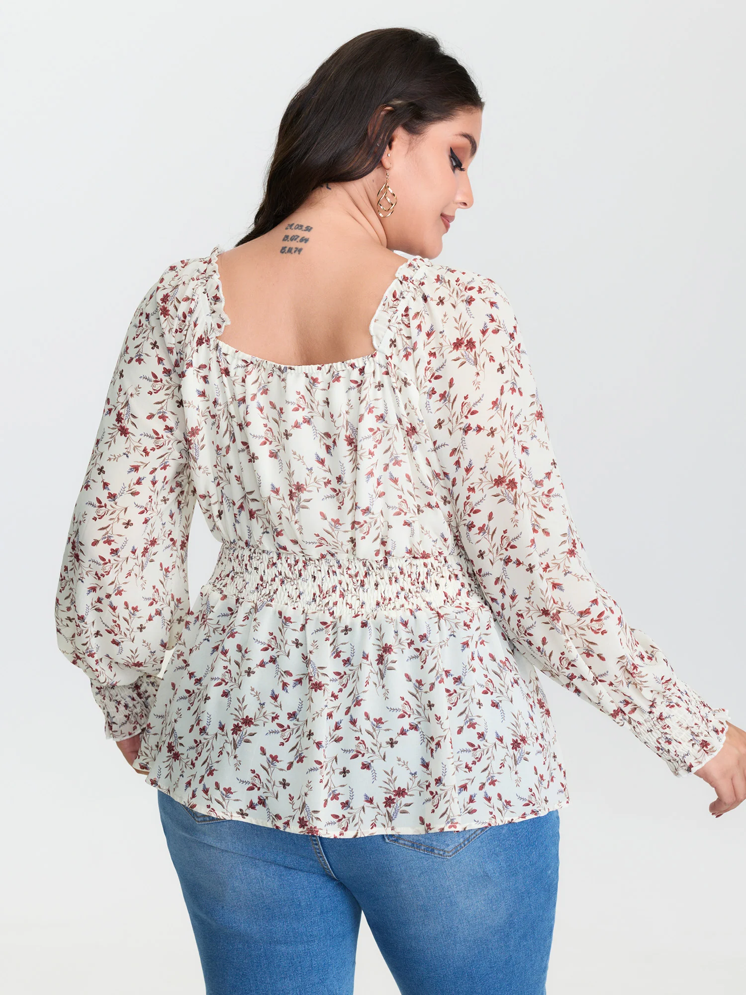 Floral Drawstring Neckline Shirred Blouse - Image 4