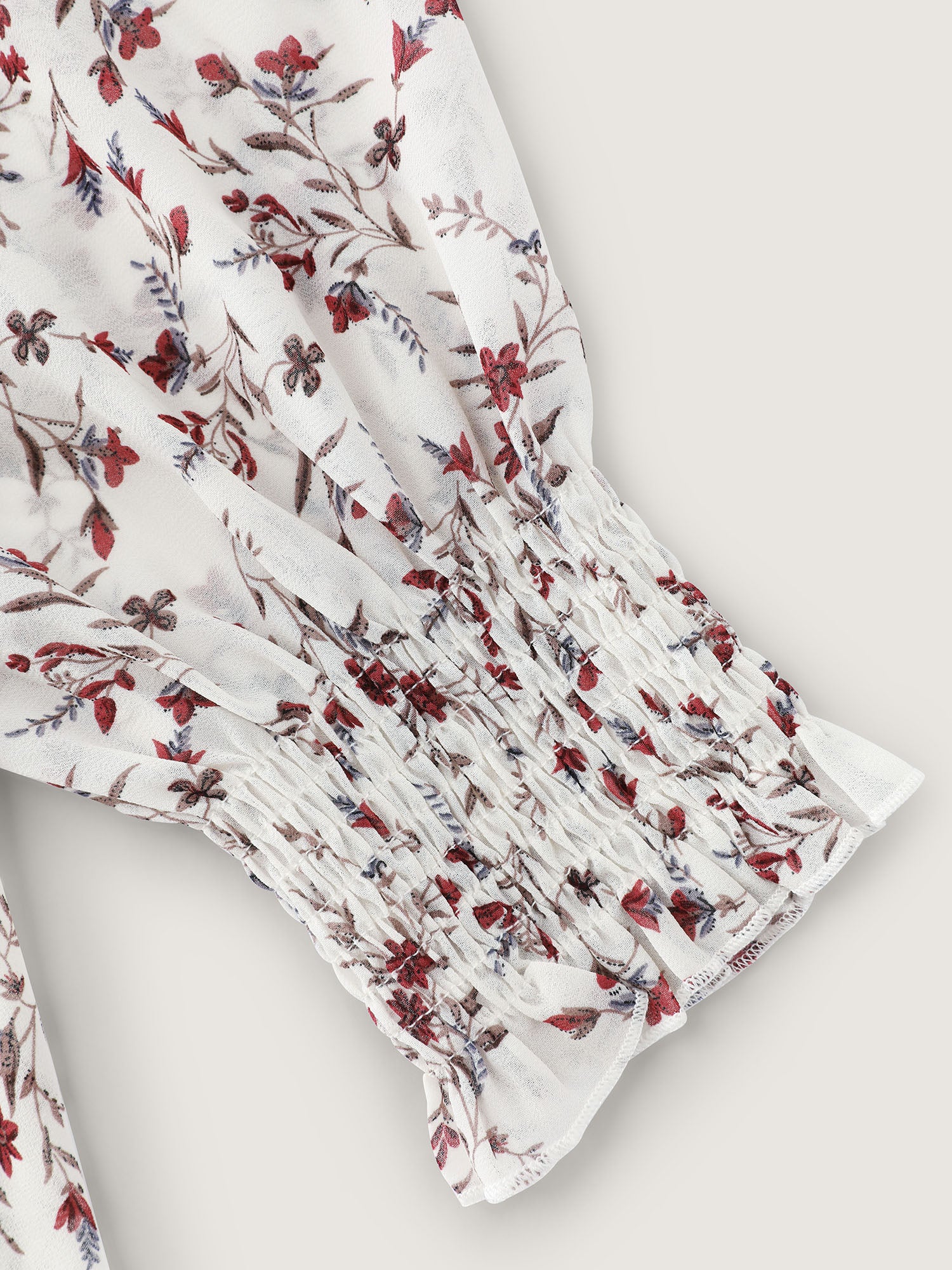 Floral Drawstring Neckline Shirred Blouse - Image 6