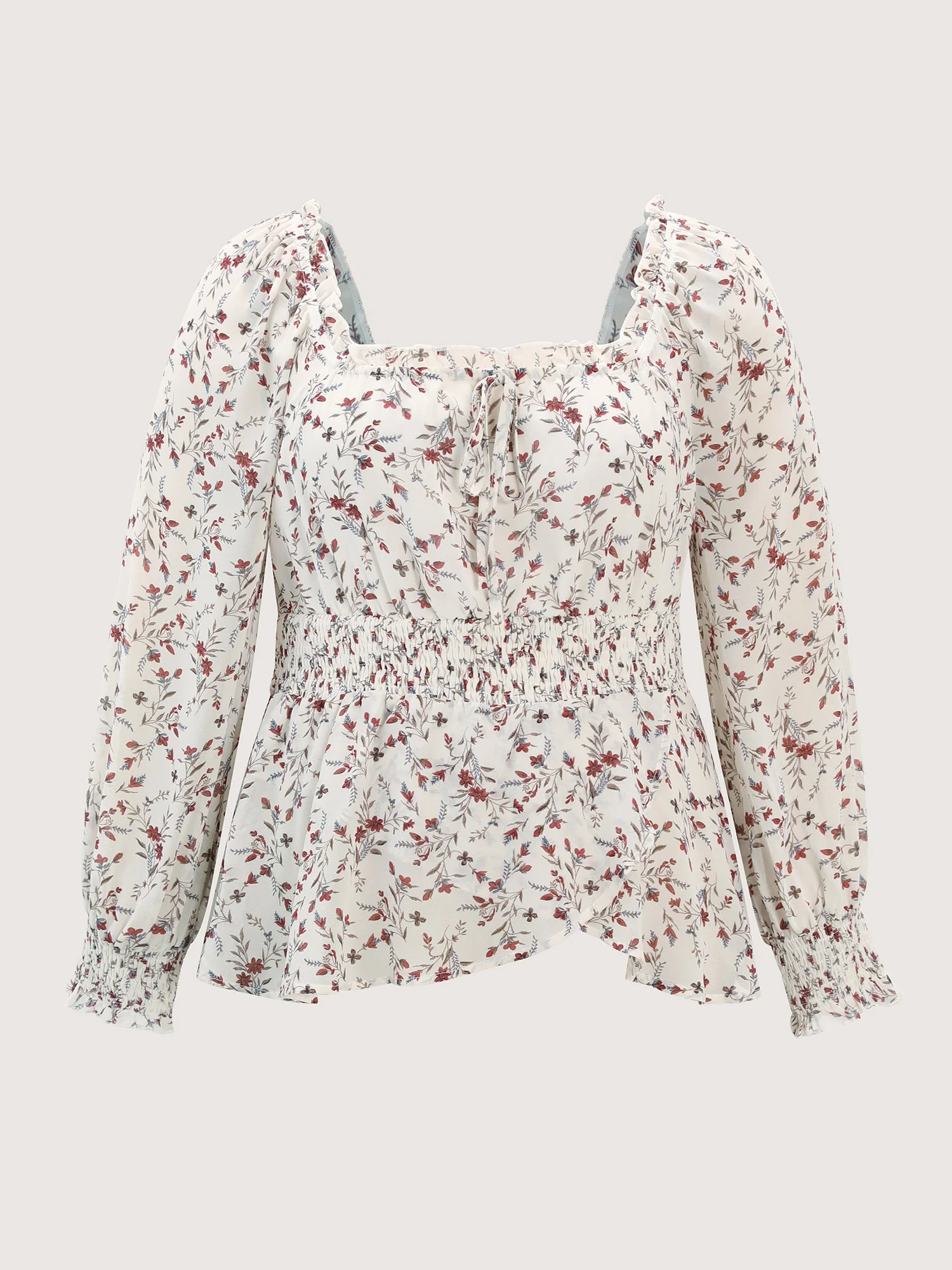 Floral Drawstring Neckline Shirred Blouse - Image 7