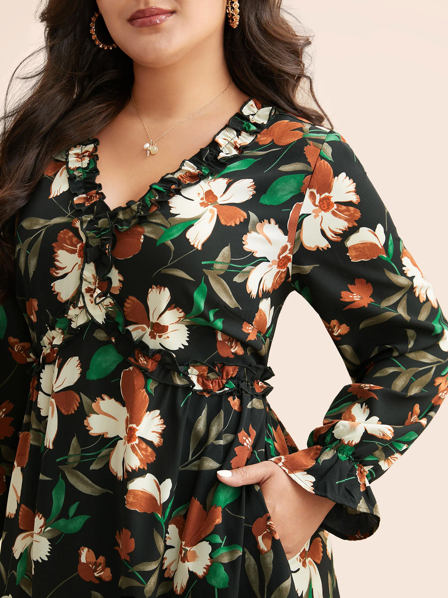 Floral Elastic Waist Frill Trim Midi Dress - Image 2