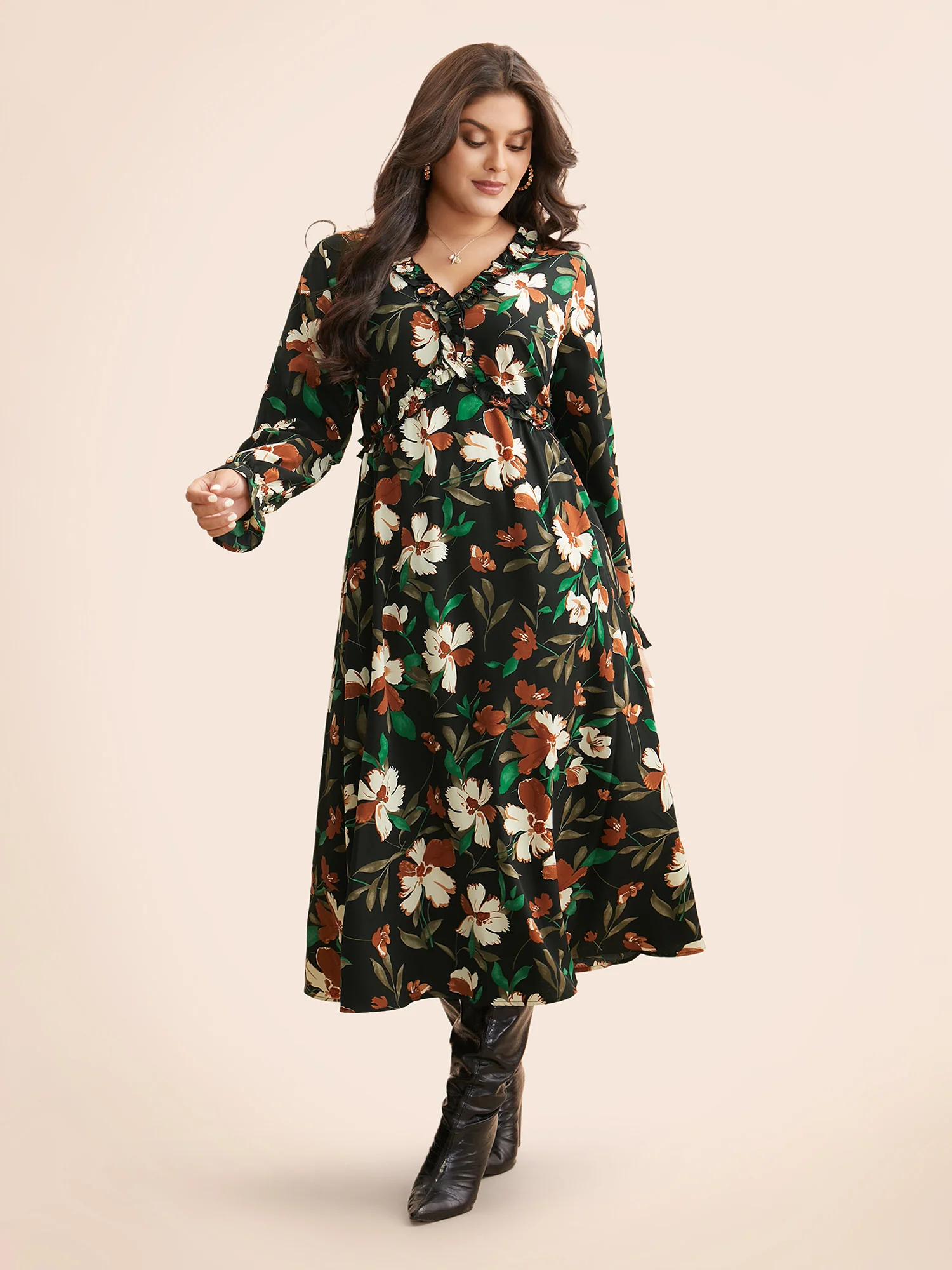 Floral Elastic Waist Frill Trim Midi Dress - Image 3