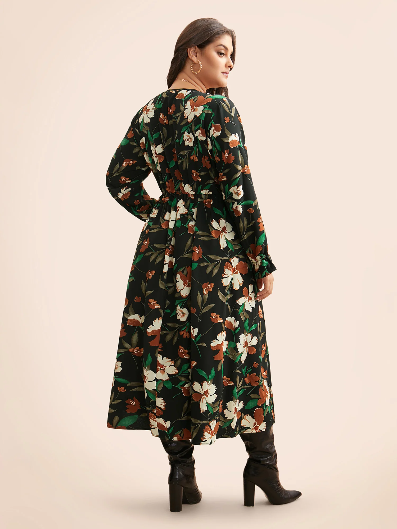 Floral Elastic Waist Frill Trim Midi Dress - Image 4