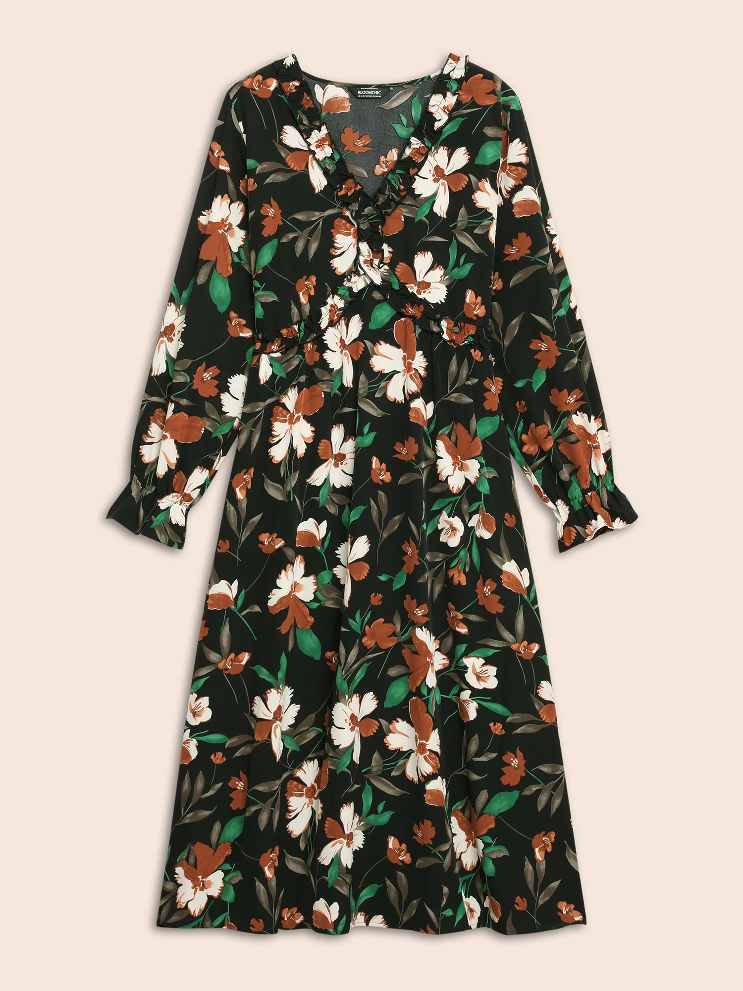 Floral Elastic Waist Frill Trim Midi Dress - Image 7