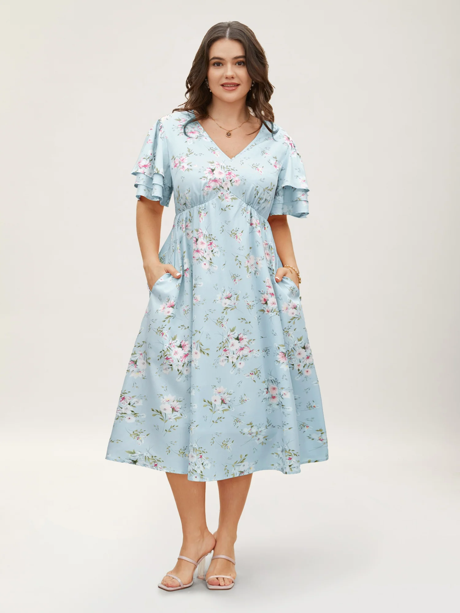 Floral Elastic Waist Tiered Ruffle Sleeve Dress - Image 2