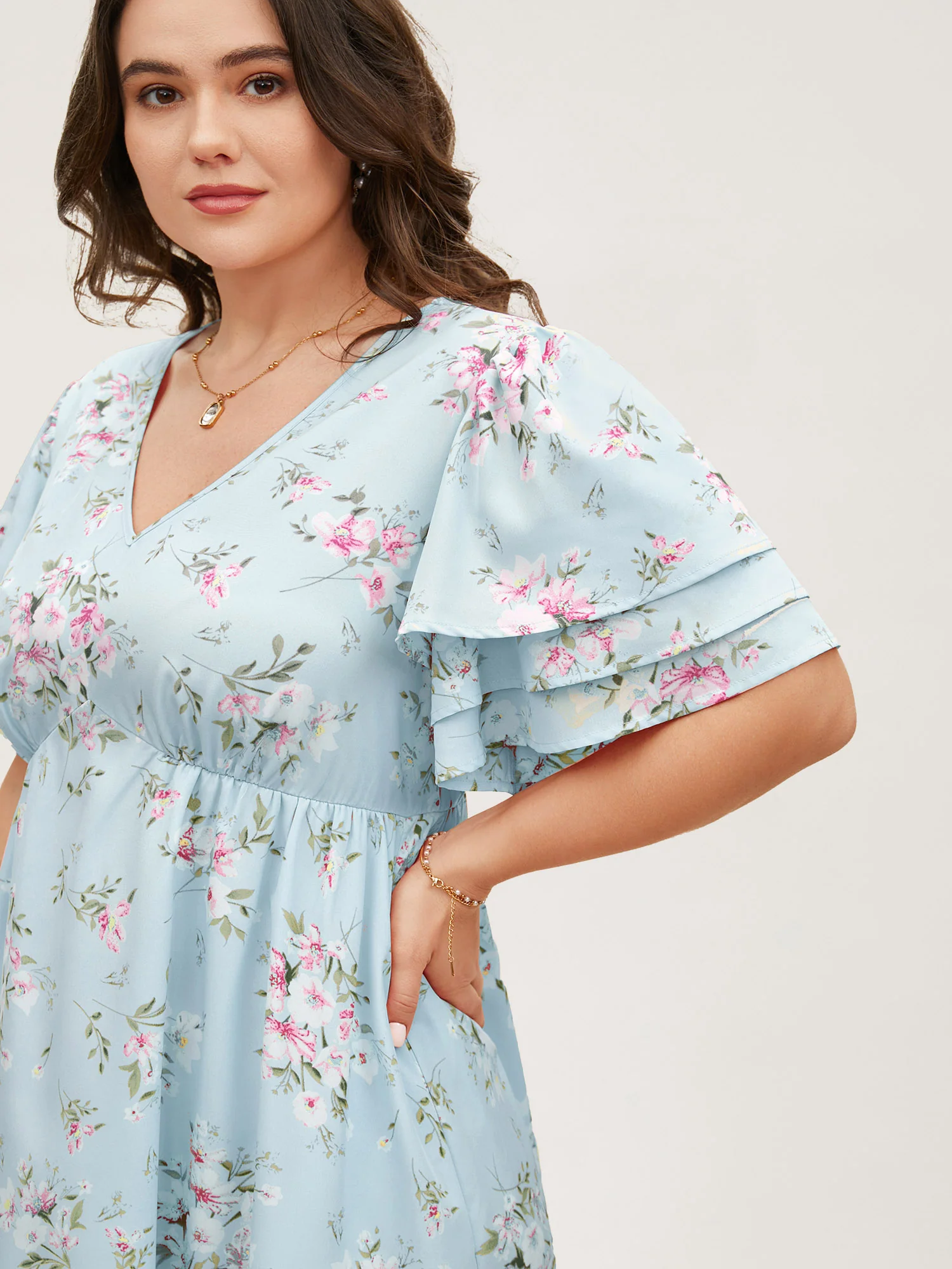 Floral Elastic Waist Tiered Ruffle Sleeve Dress - Image 3