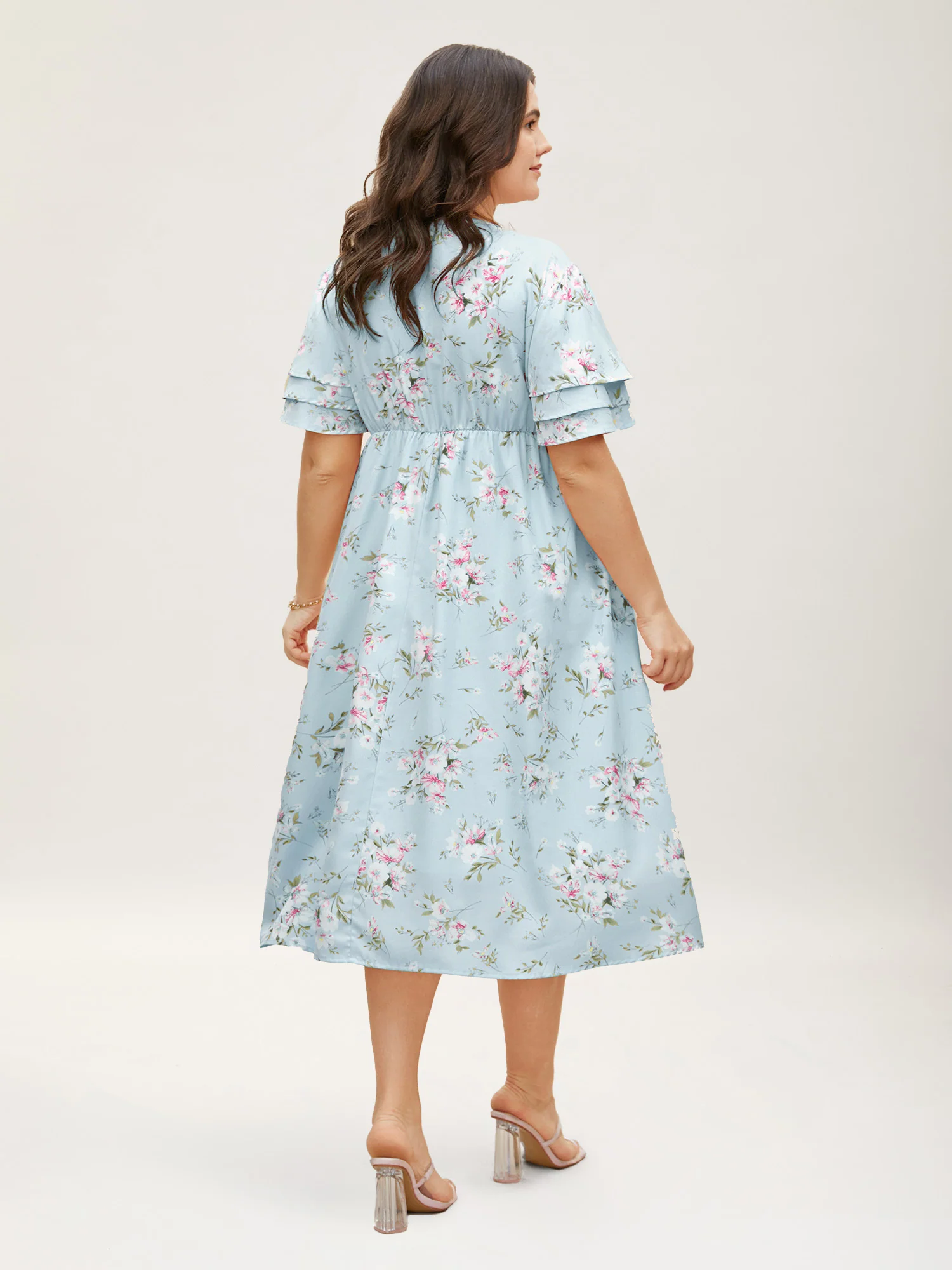 Floral Elastic Waist Tiered Ruffle Sleeve Dress - Image 4