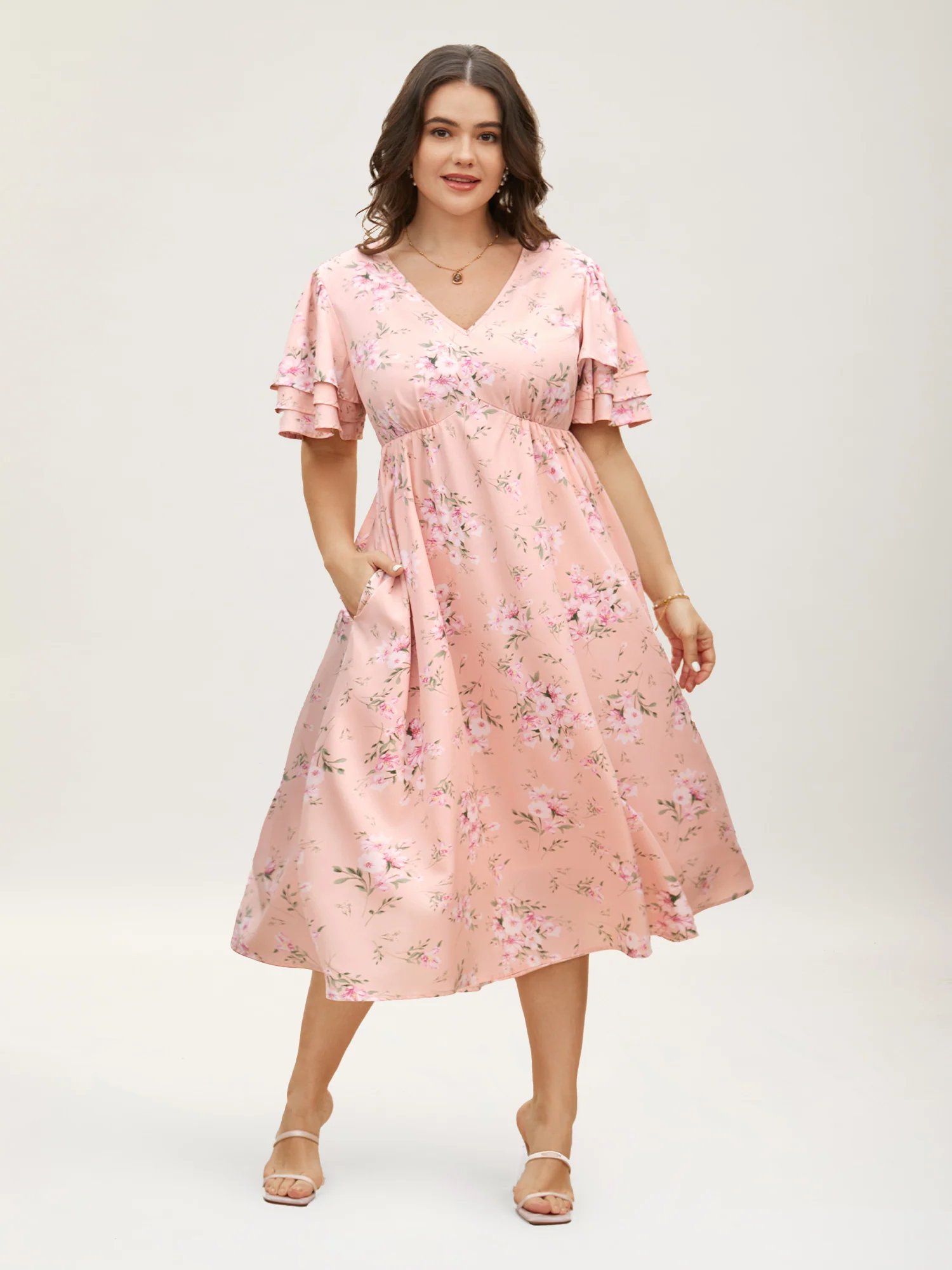 Floral Elastic Waist Tiered Ruffle Sleeve Dress - Image 5