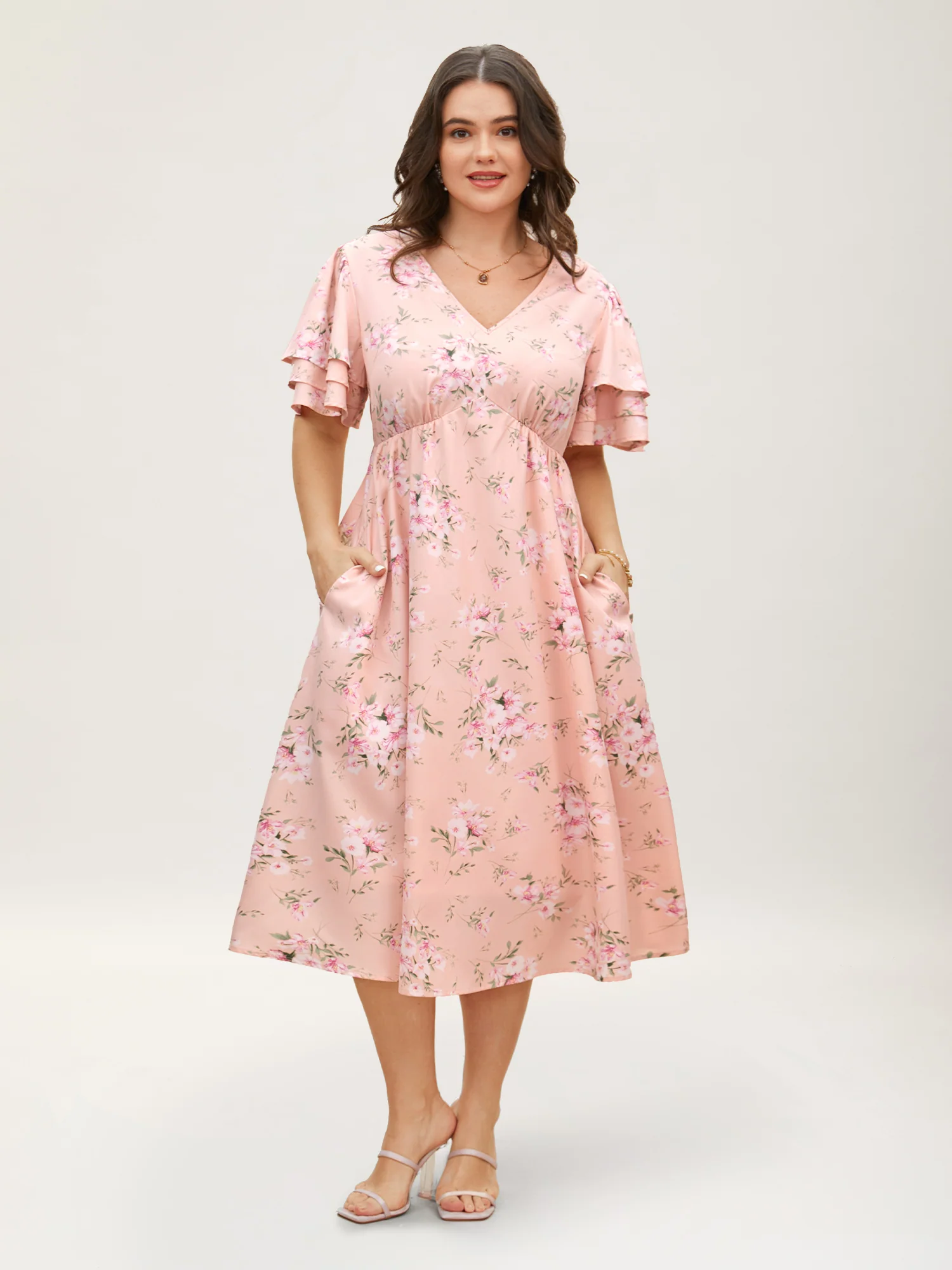 Floral Elastic Waist Tiered Ruffle Sleeve Dress - Image 7