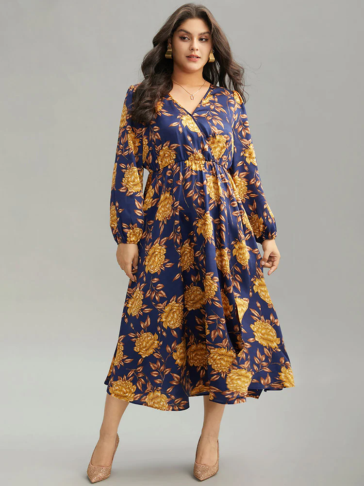 Floral Elastic Waist Wrap Split Hem Dress - Image 2
