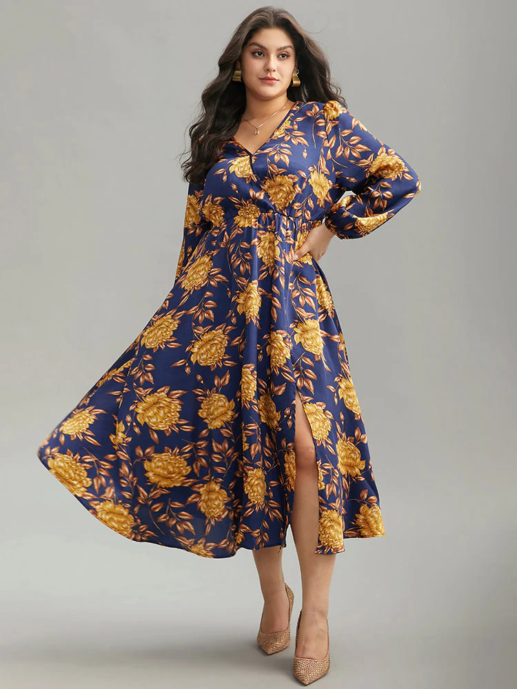 Floral Elastic Waist Wrap Split Hem Dress - Image 3