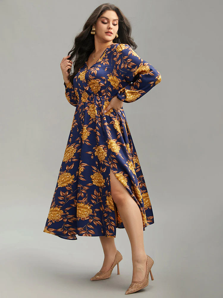 Floral Elastic Waist Wrap Split Hem Dress - Image 4