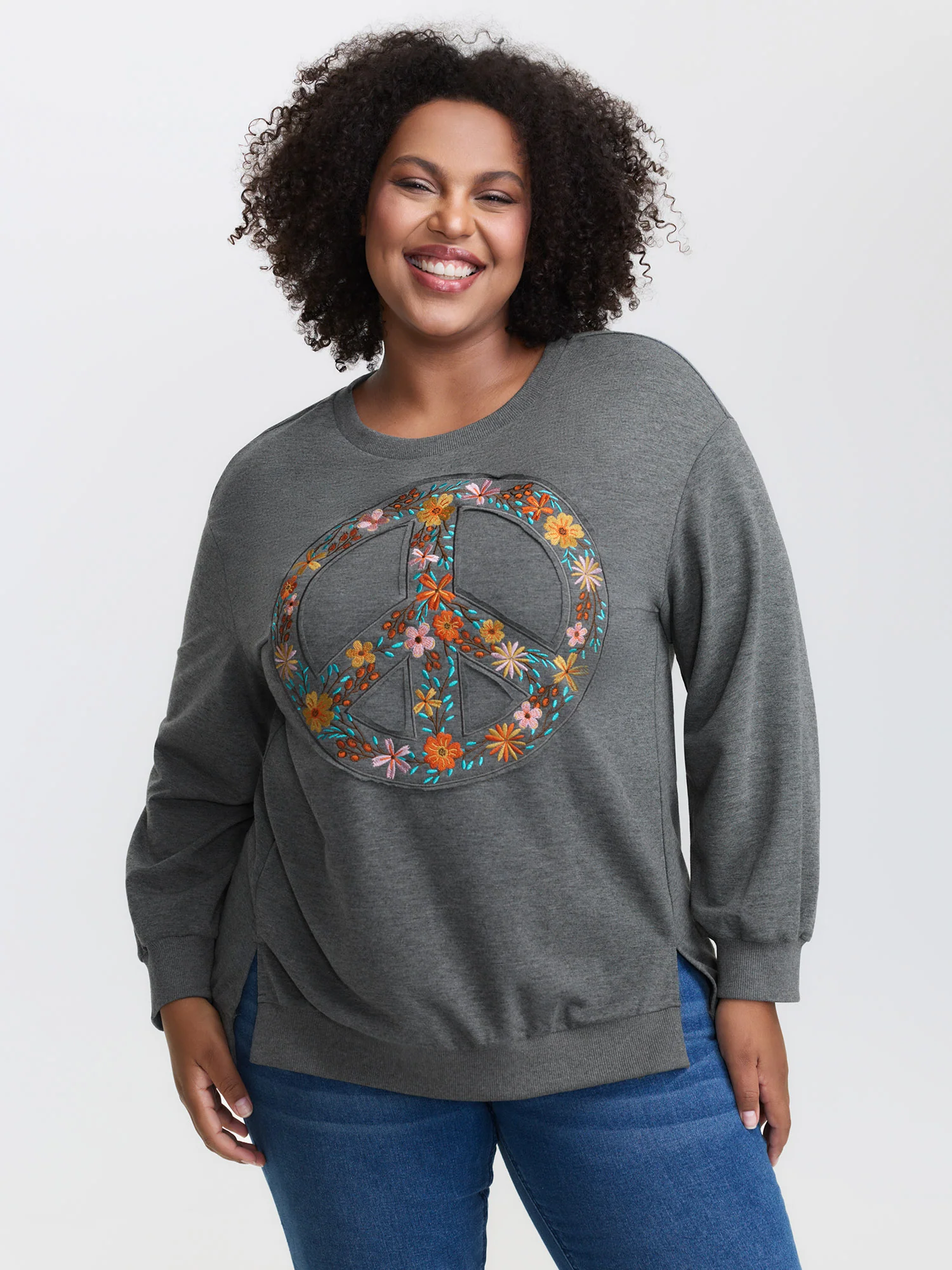 Floral Embroidered Applique Slit Sweatshirt - Image 2