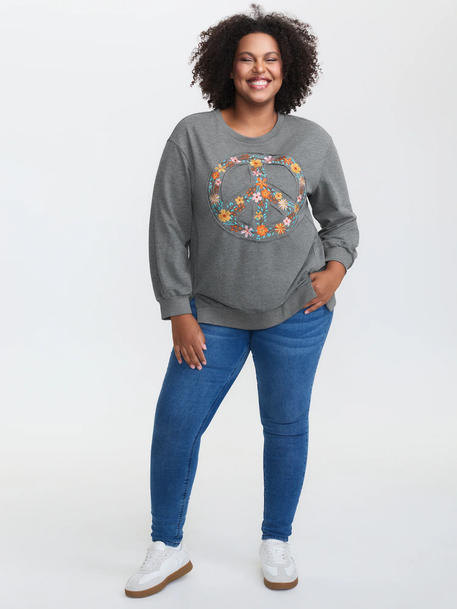 Floral Embroidered Applique Slit Sweatshirt - Image 4