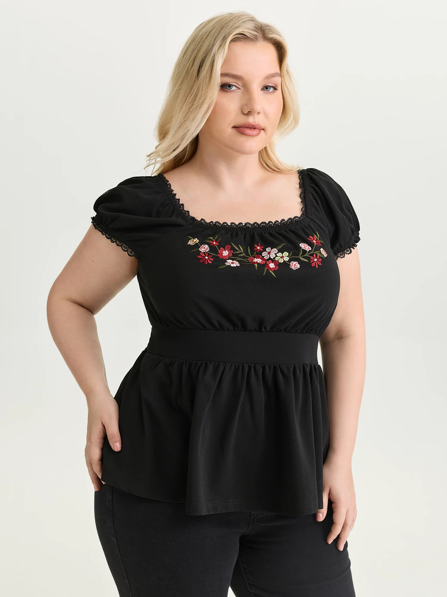 Floral Embroidered Babydoll Plain Knit Top