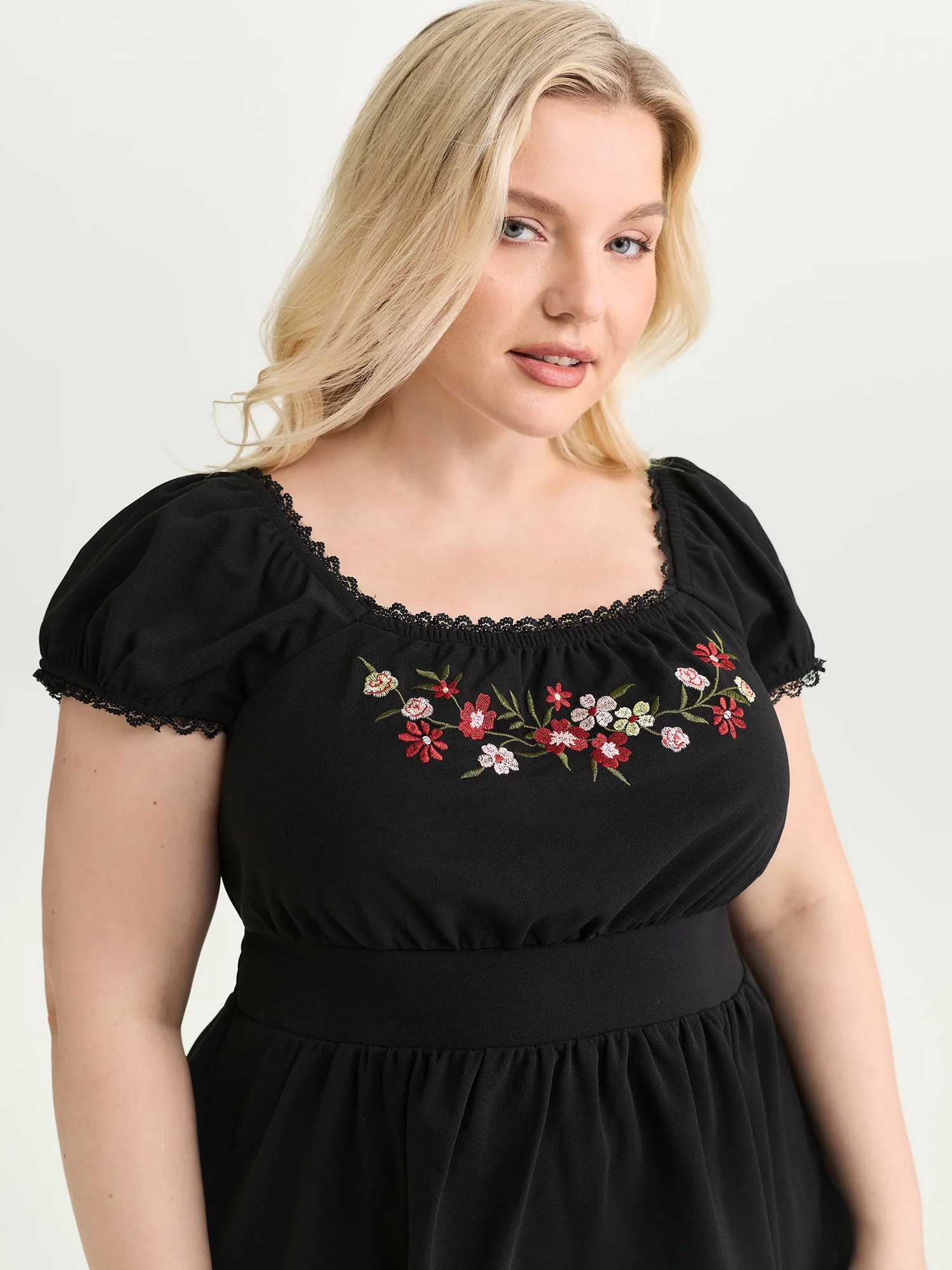 Floral Embroidered Babydoll Plain Knit Top - Image 2