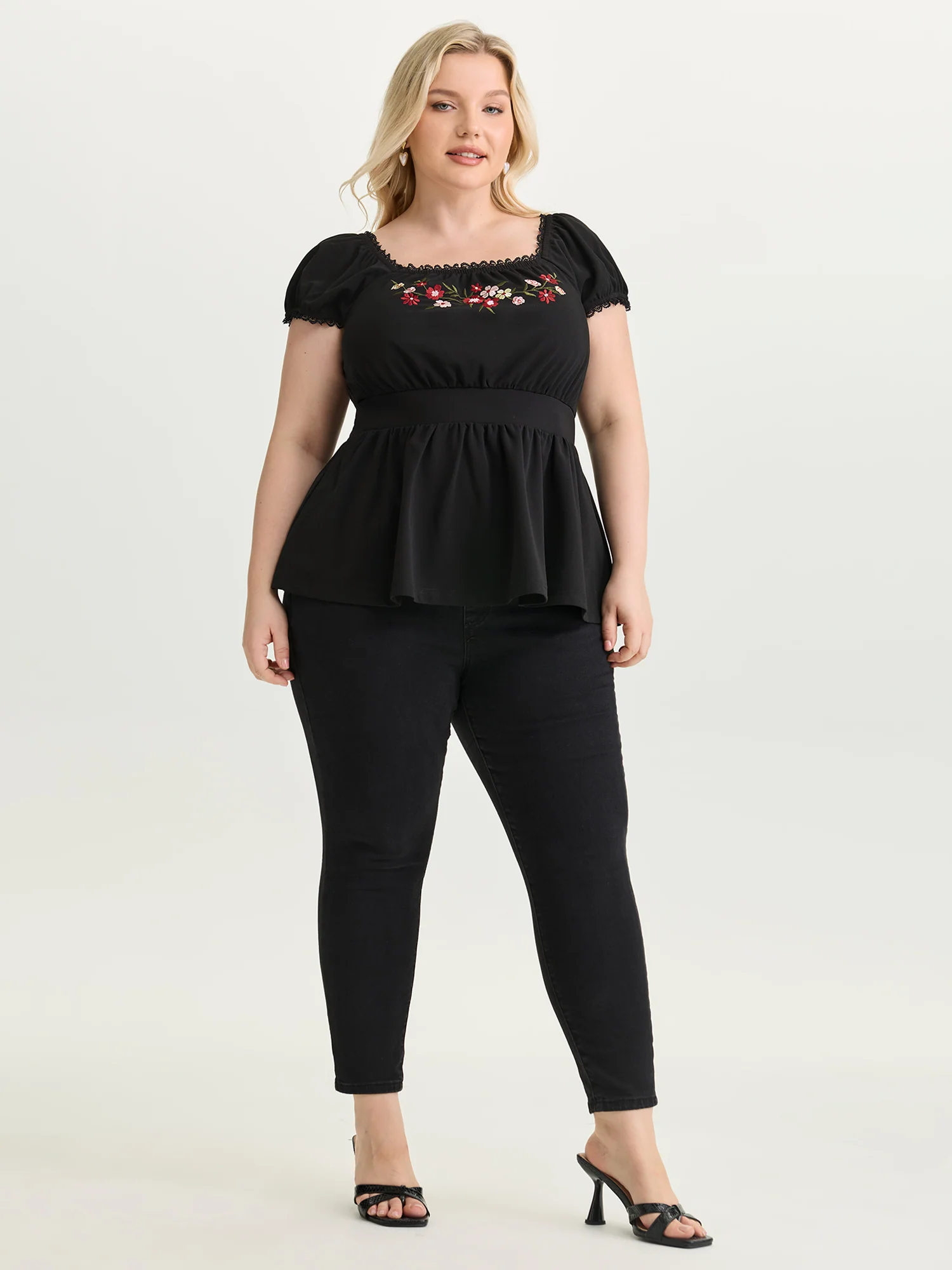 Floral Embroidered Babydoll Plain Knit Top - Image 3