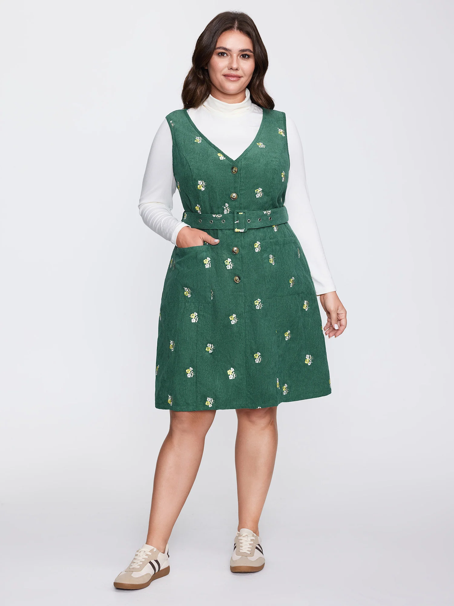 Floral Embroidered Belted Waist Midi Dress - Image 3