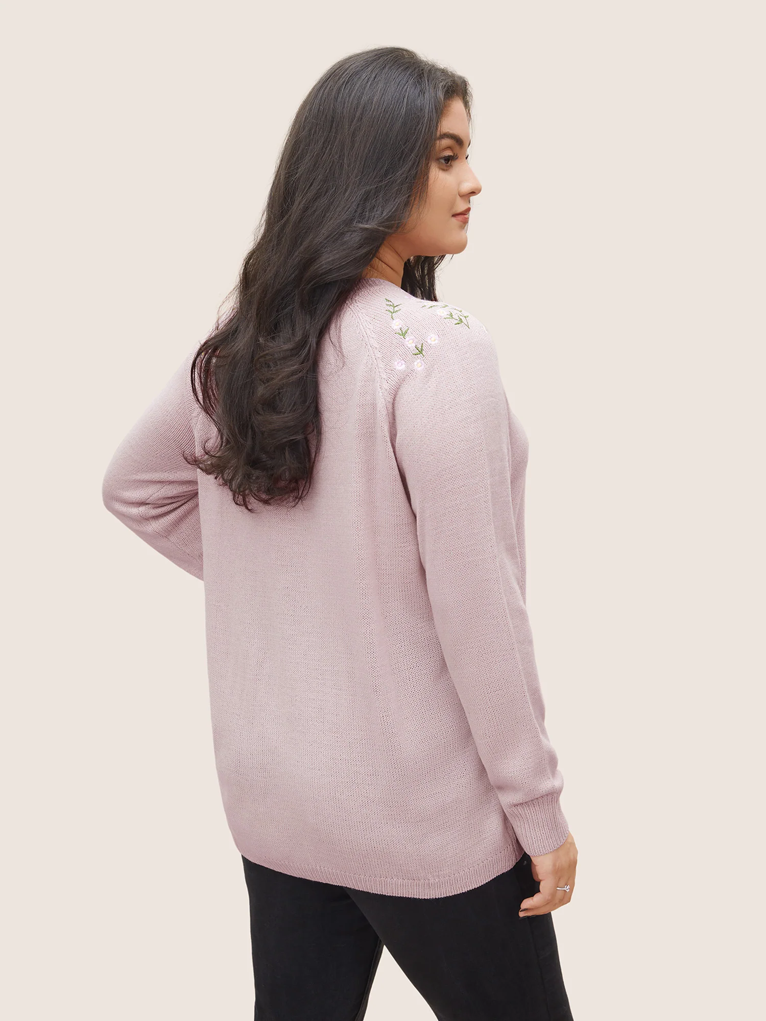 Floral Embroidered Crew Neck Raglan Sleeve Pullover - Image 2