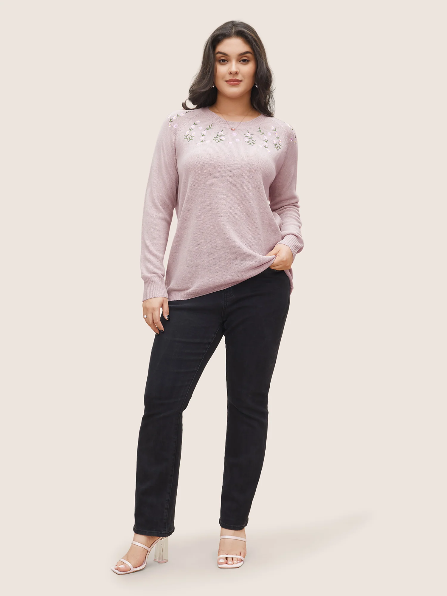 Floral Embroidered Crew Neck Raglan Sleeve Pullover - Image 3