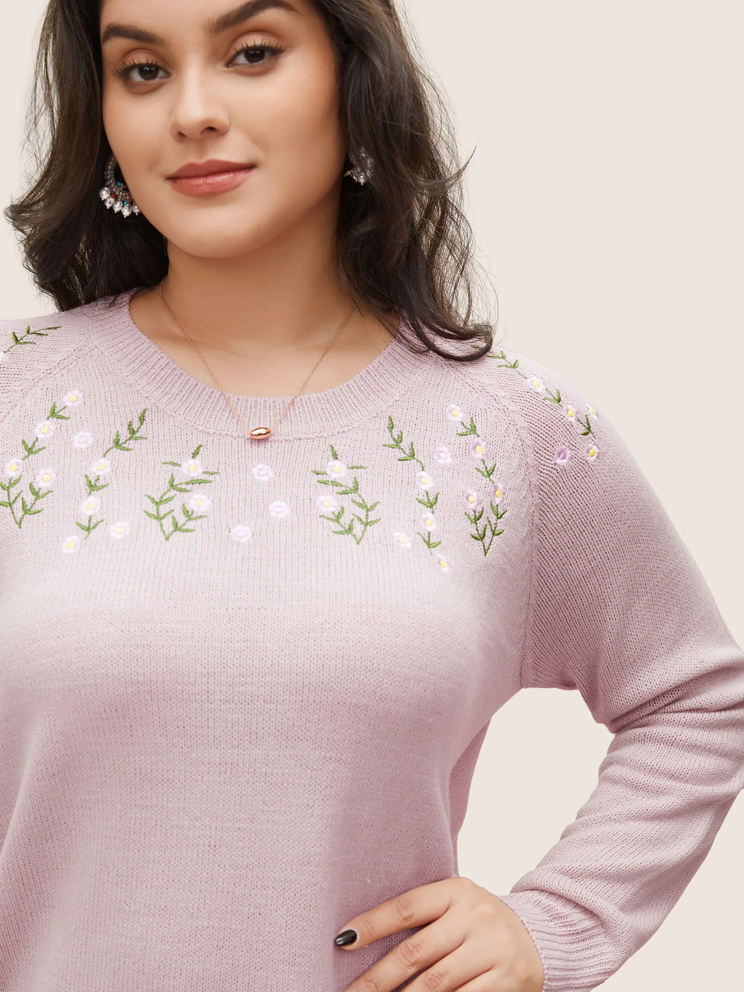 Floral Embroidered Crew Neck Raglan Sleeve Pullover - Image 4