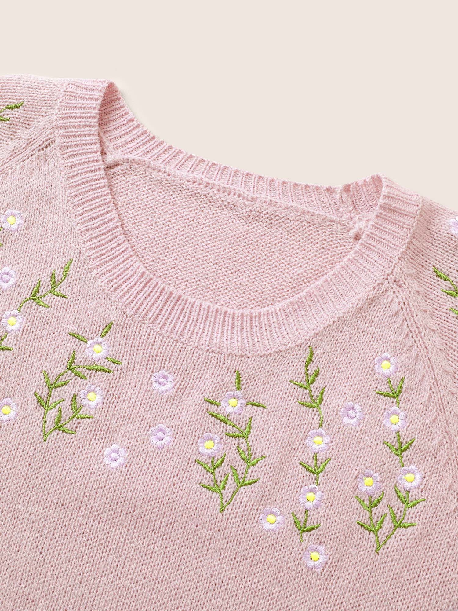 Floral Embroidered Crew Neck Raglan Sleeve Pullover - Image 5