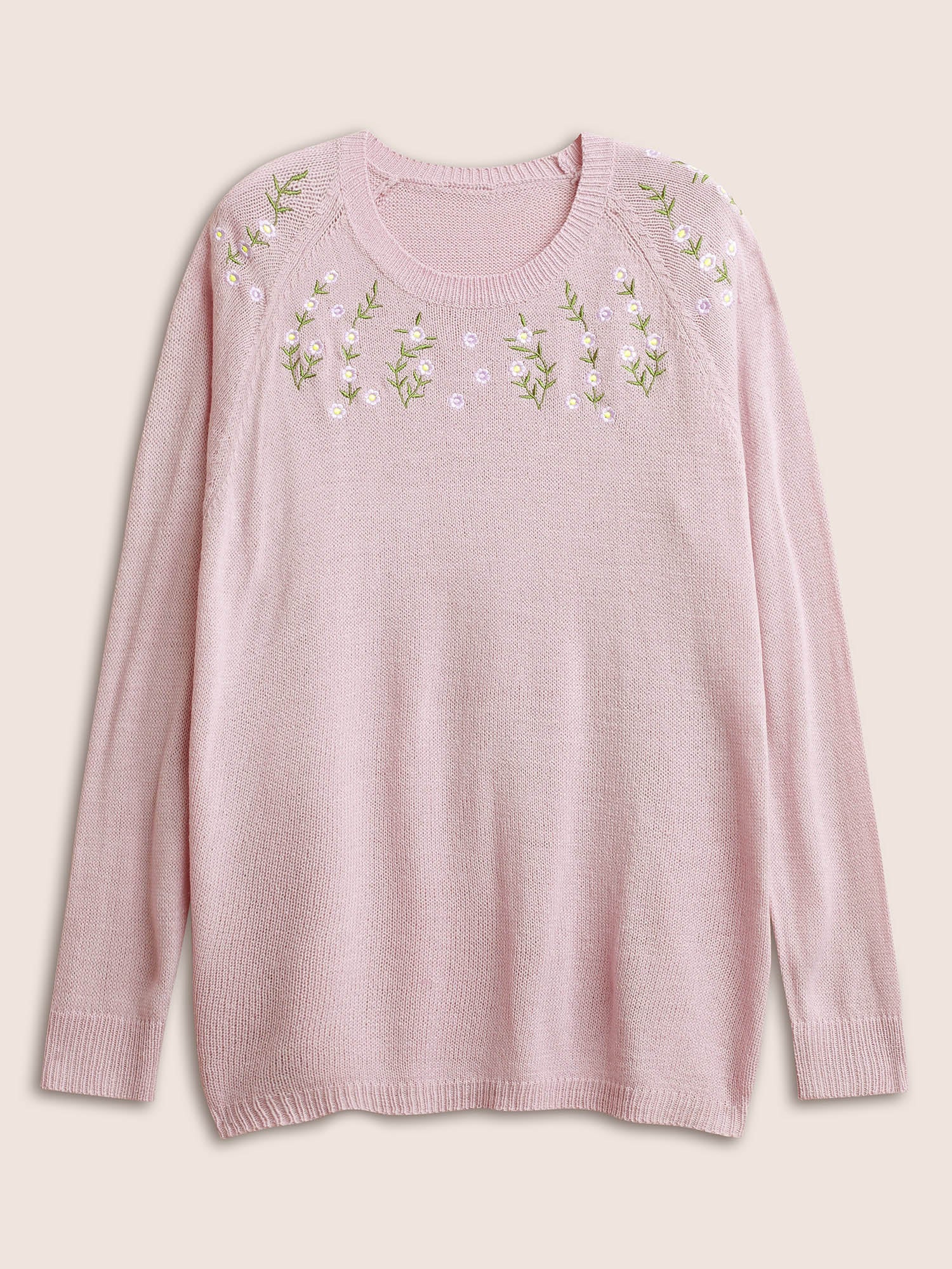 Floral Embroidered Crew Neck Raglan Sleeve Pullover - Image 7