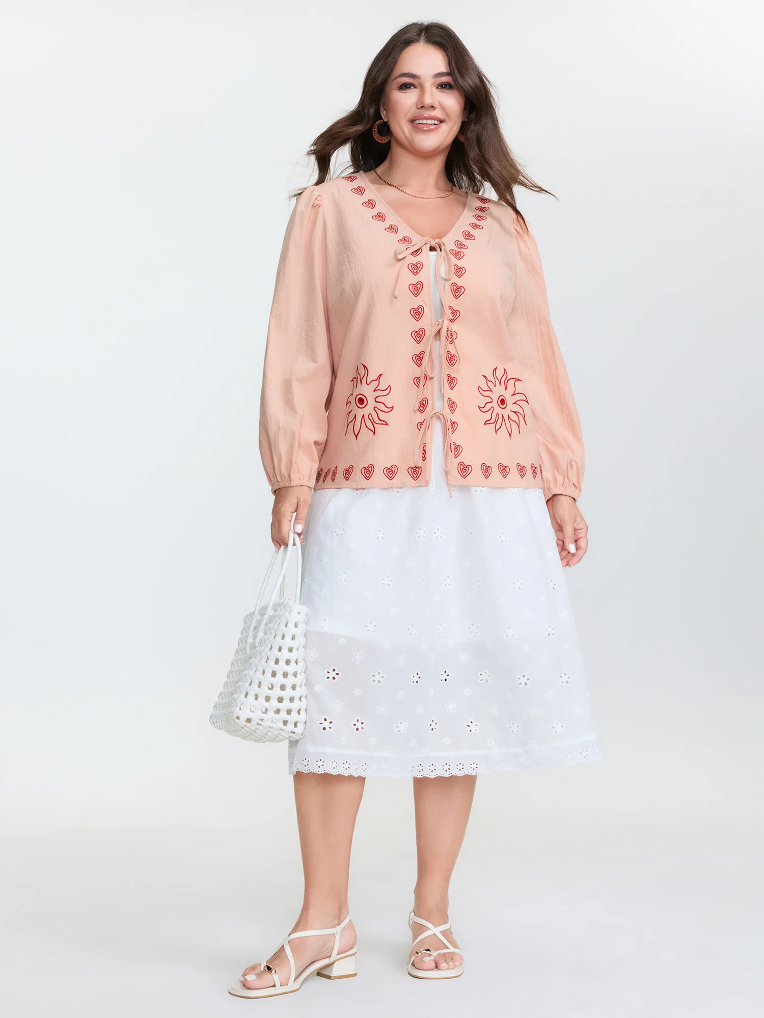 Cotton Floral Embroidered Double-Tie Blouse - Image 2