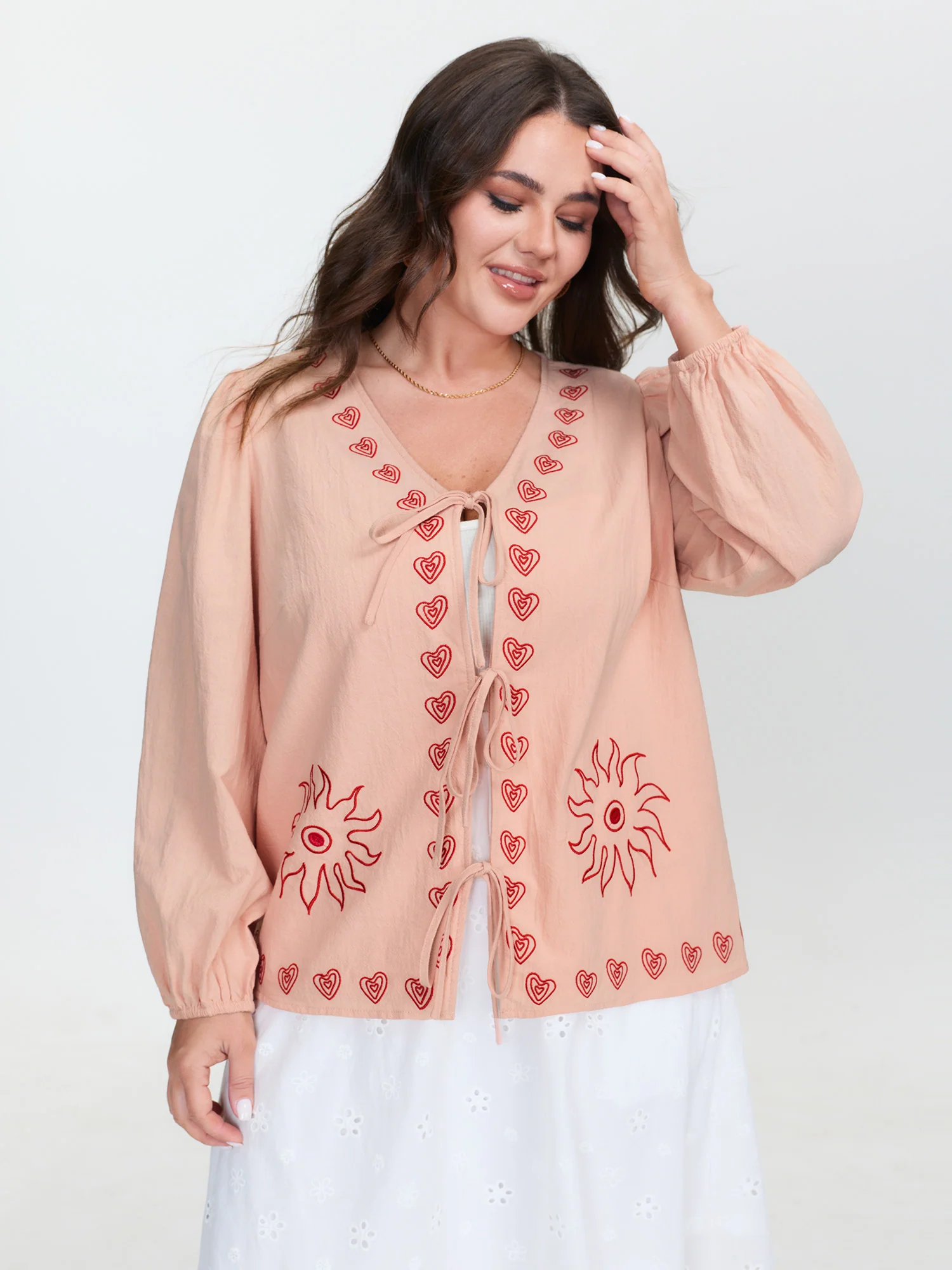 Cotton Floral Embroidered Double-Tie Blouse - Image 3