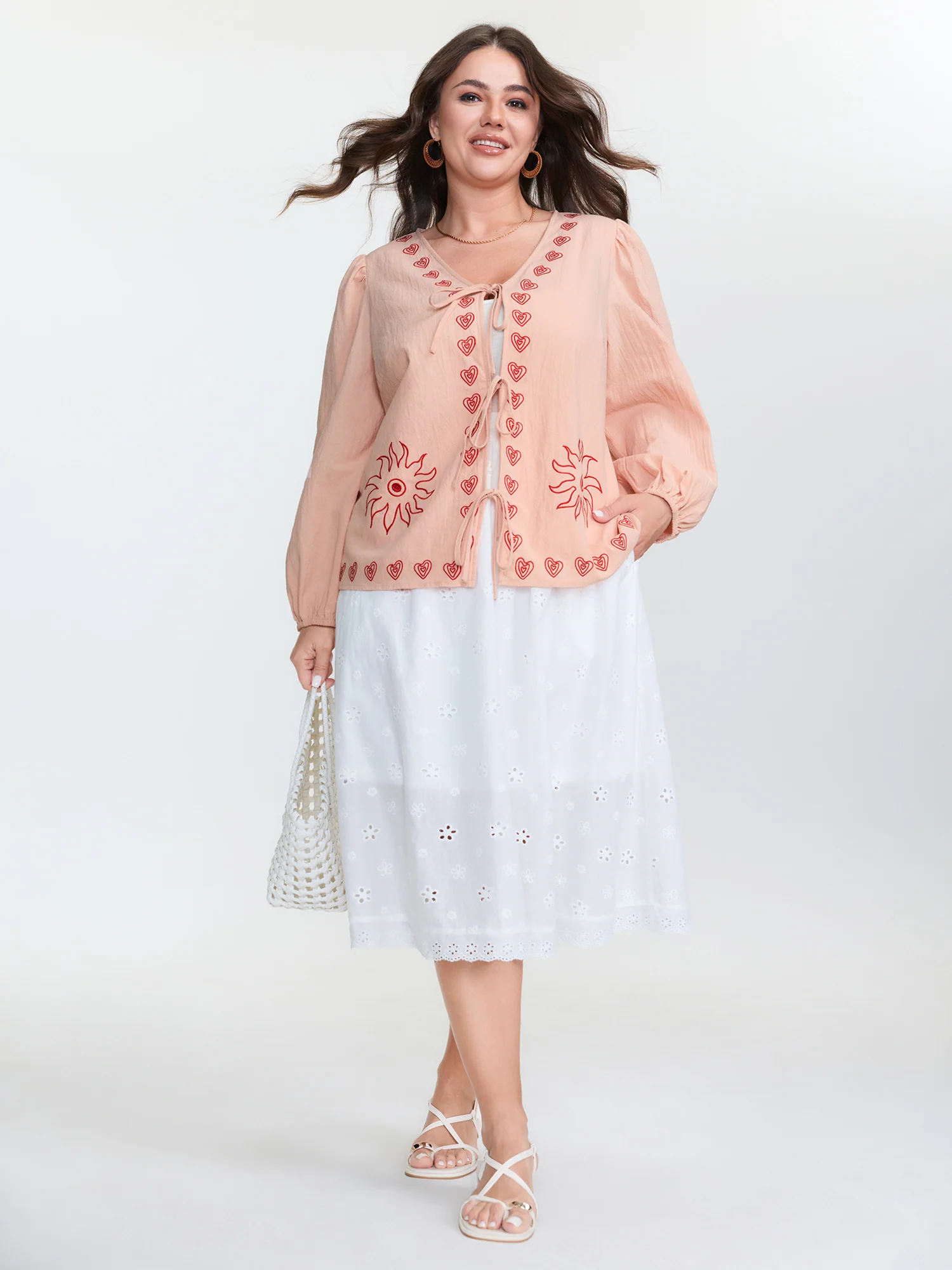 Cotton Floral Embroidered Double-Tie Blouse - Image 4