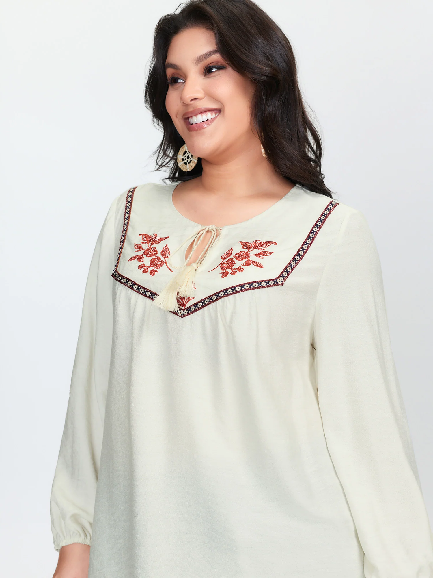Floral Embroidered Drawstring Neckline Blouse - Image 2