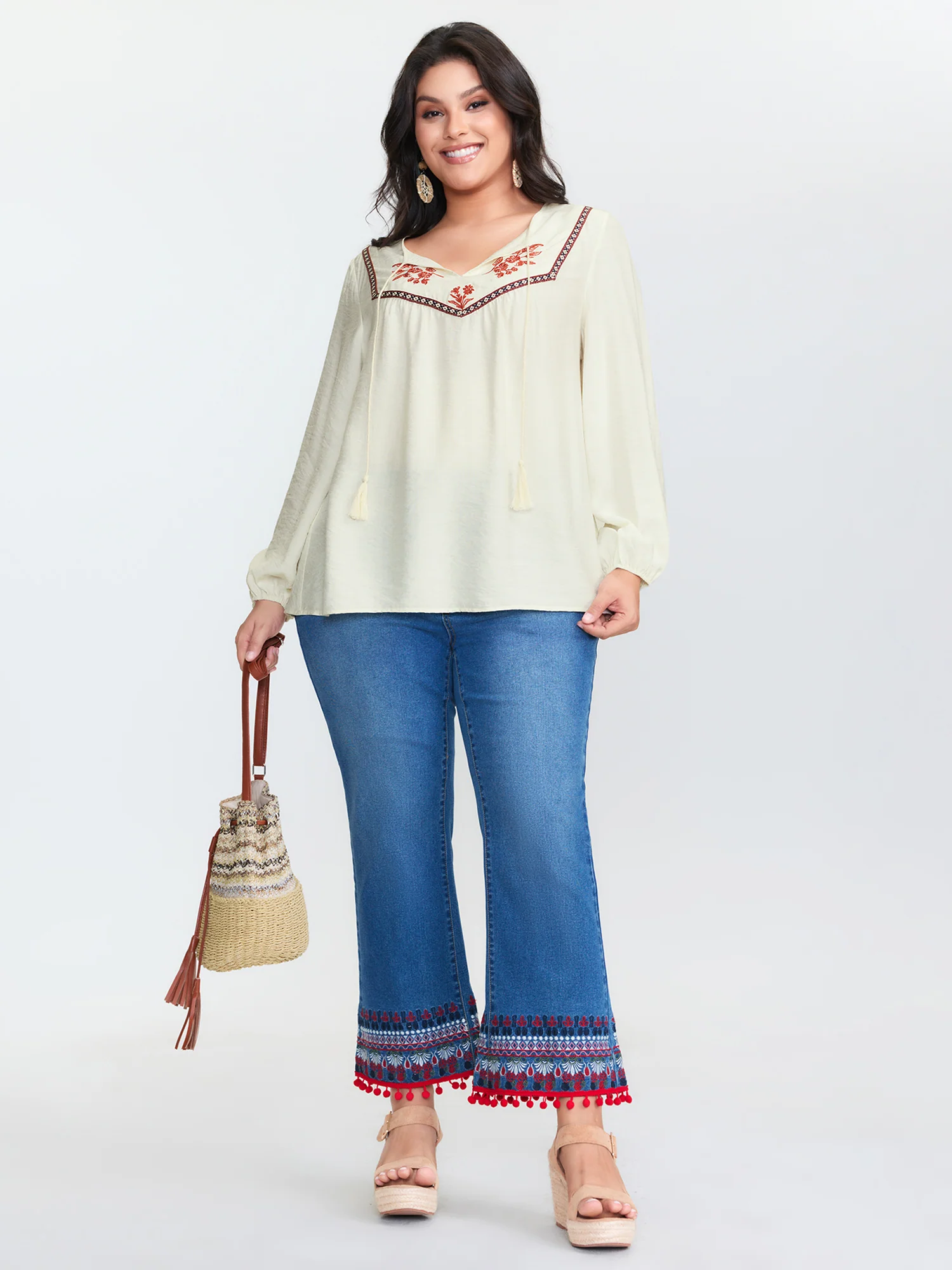 Floral Embroidered Drawstring Neckline Blouse - Image 3
