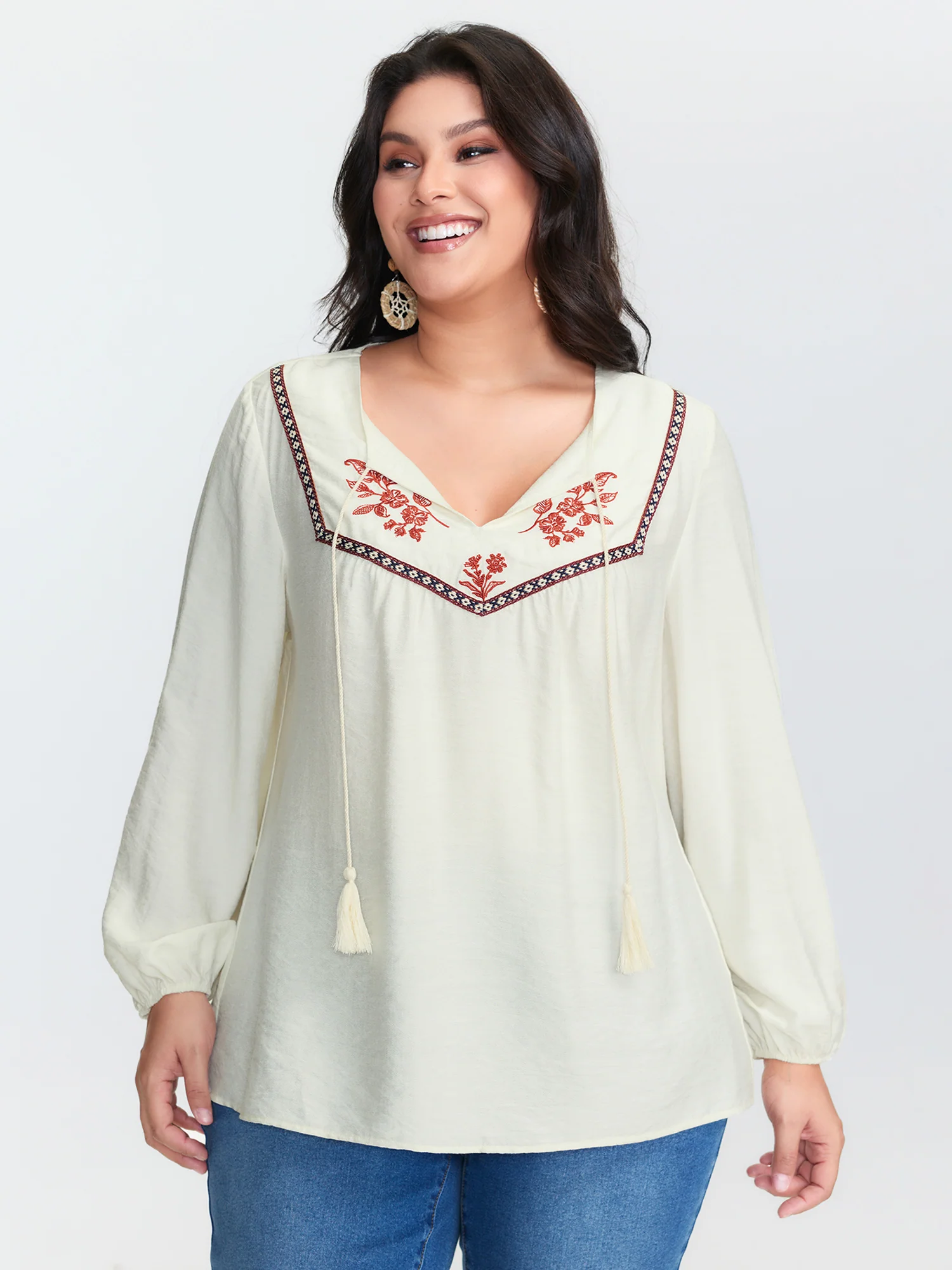Floral Embroidered Drawstring Neckline Blouse - Image 4