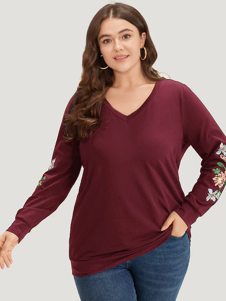 Floral Embroidered Elastic Cuffs V Neck Sweatshirt - Image 10