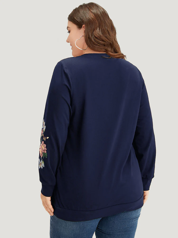 Floral Embroidered Elastic Cuffs V Neck Sweatshirt - Image 2