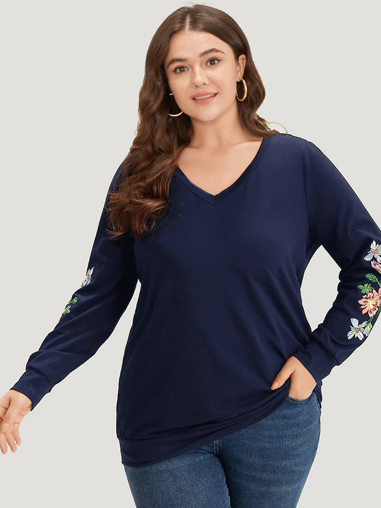 Floral Embroidered Elastic Cuffs V Neck Sweatshirt - Image 5