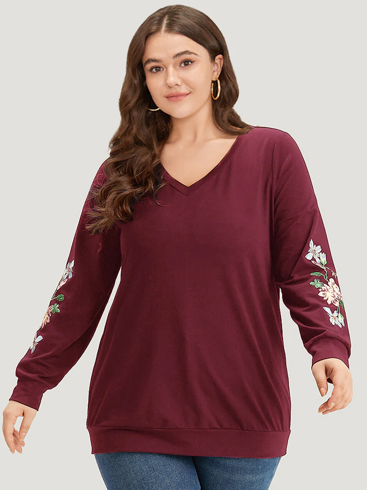 Floral Embroidered Elastic Cuffs V Neck Sweatshirt - Image 6