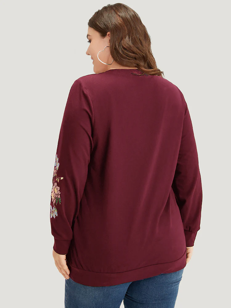 Floral Embroidered Elastic Cuffs V Neck Sweatshirt - Image 7